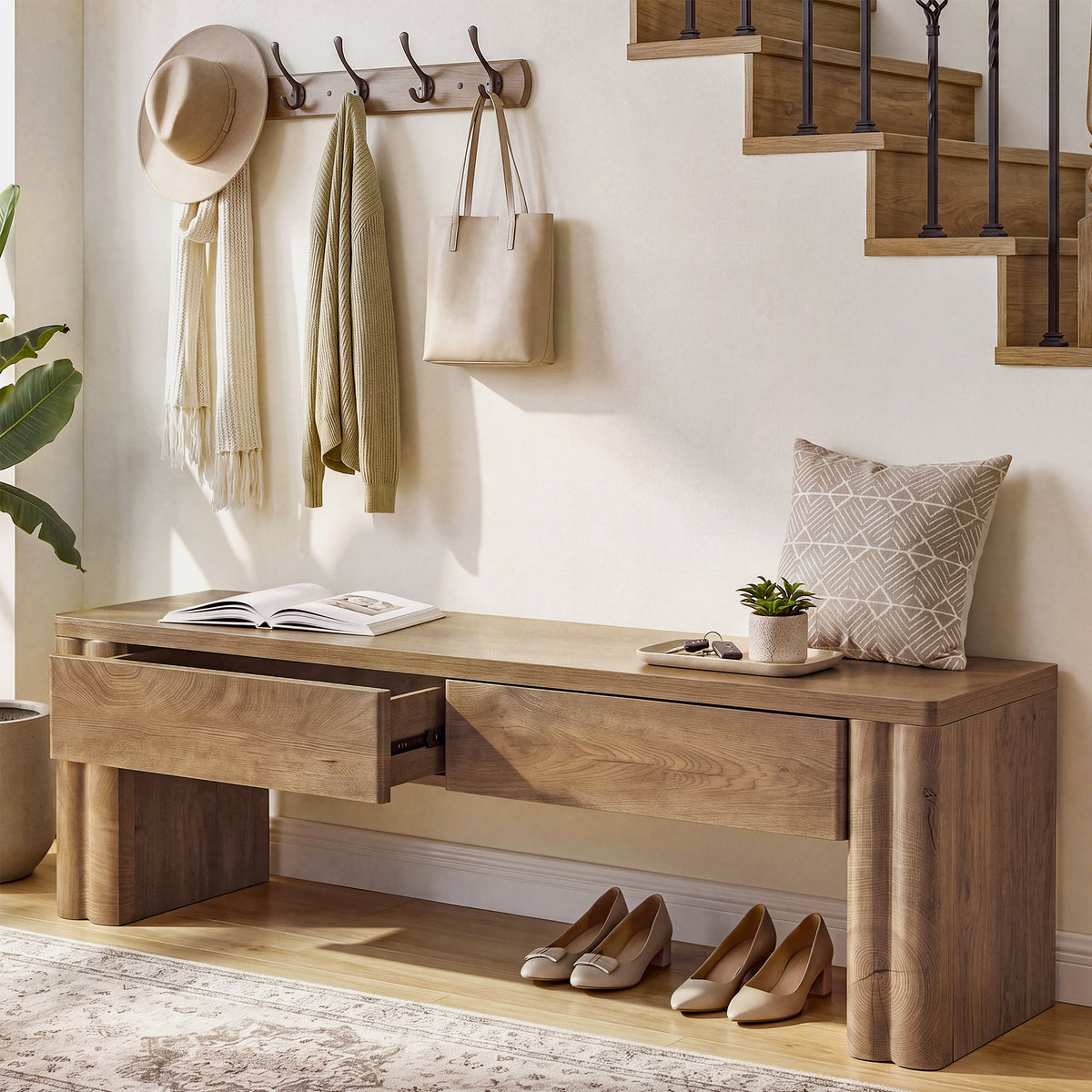 140 cm Tribesigns halbank met 2 verborgen opberglades, moderne zitbank in warme eikenlook voor hal en slaapkamer