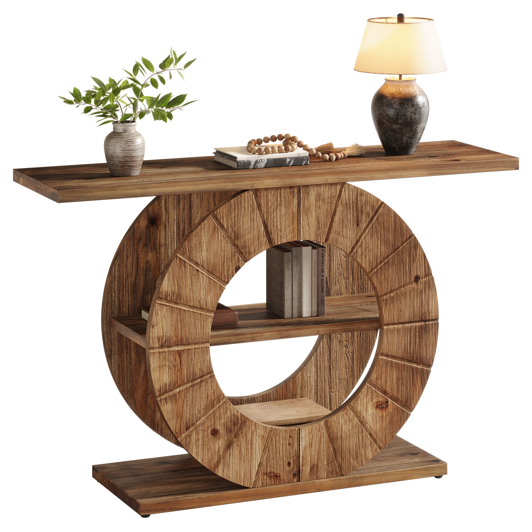 105 cm Massief Houten Consoletafel met 3 Planken en Ronde Basis