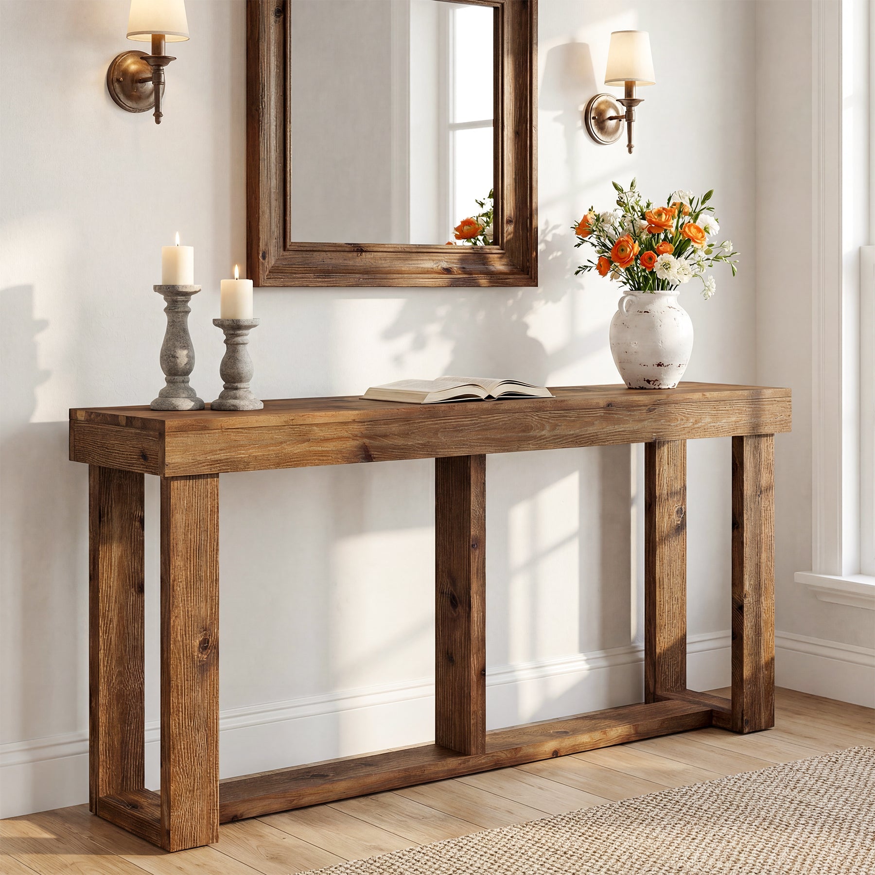 160 cm massief houten consoletafel, landelijke bank- en entree tafel voor de woonkamer