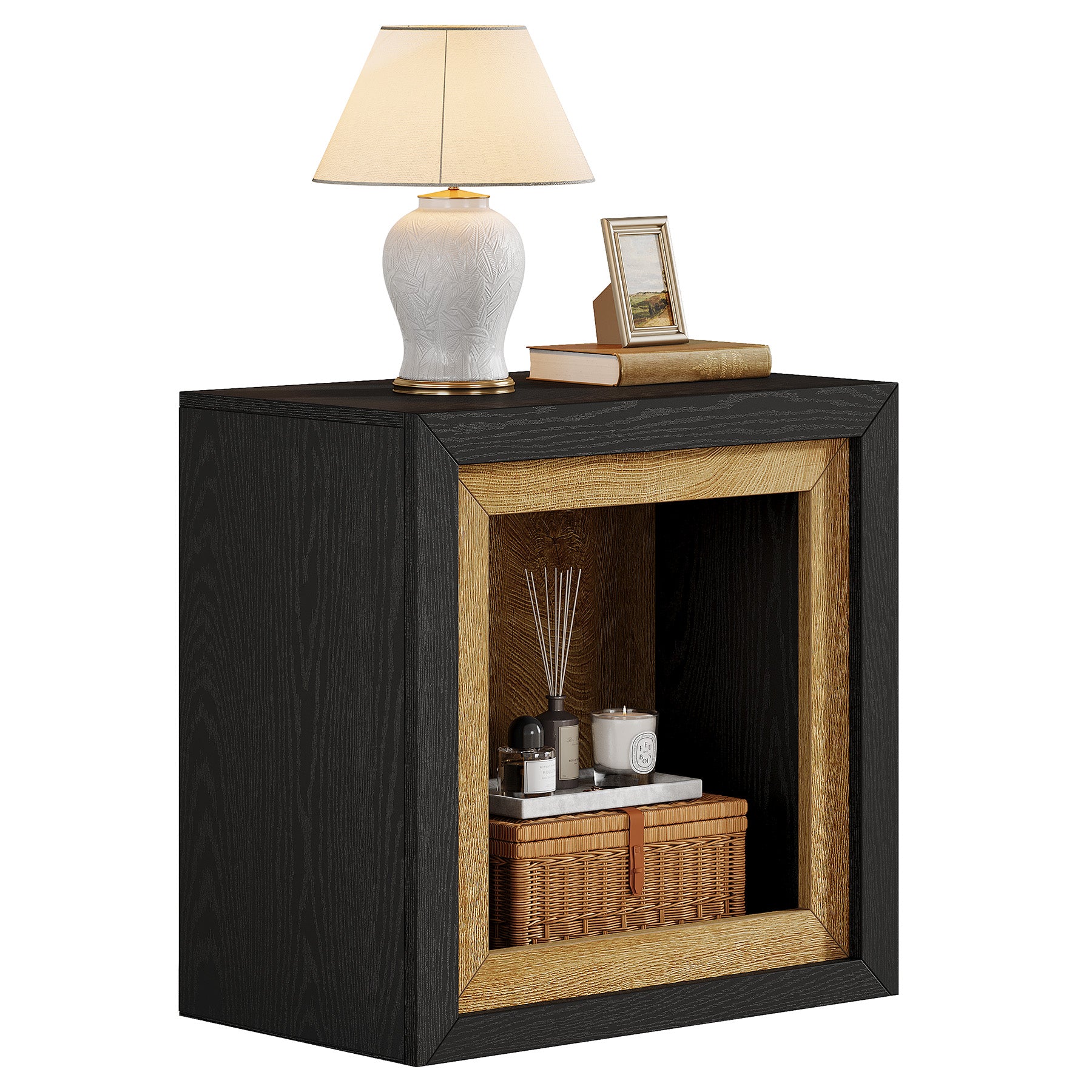 60 cm Nachtkastje, Houten Kubus Bedside Tafel met Frame-Geïnspireerd Ontwerp