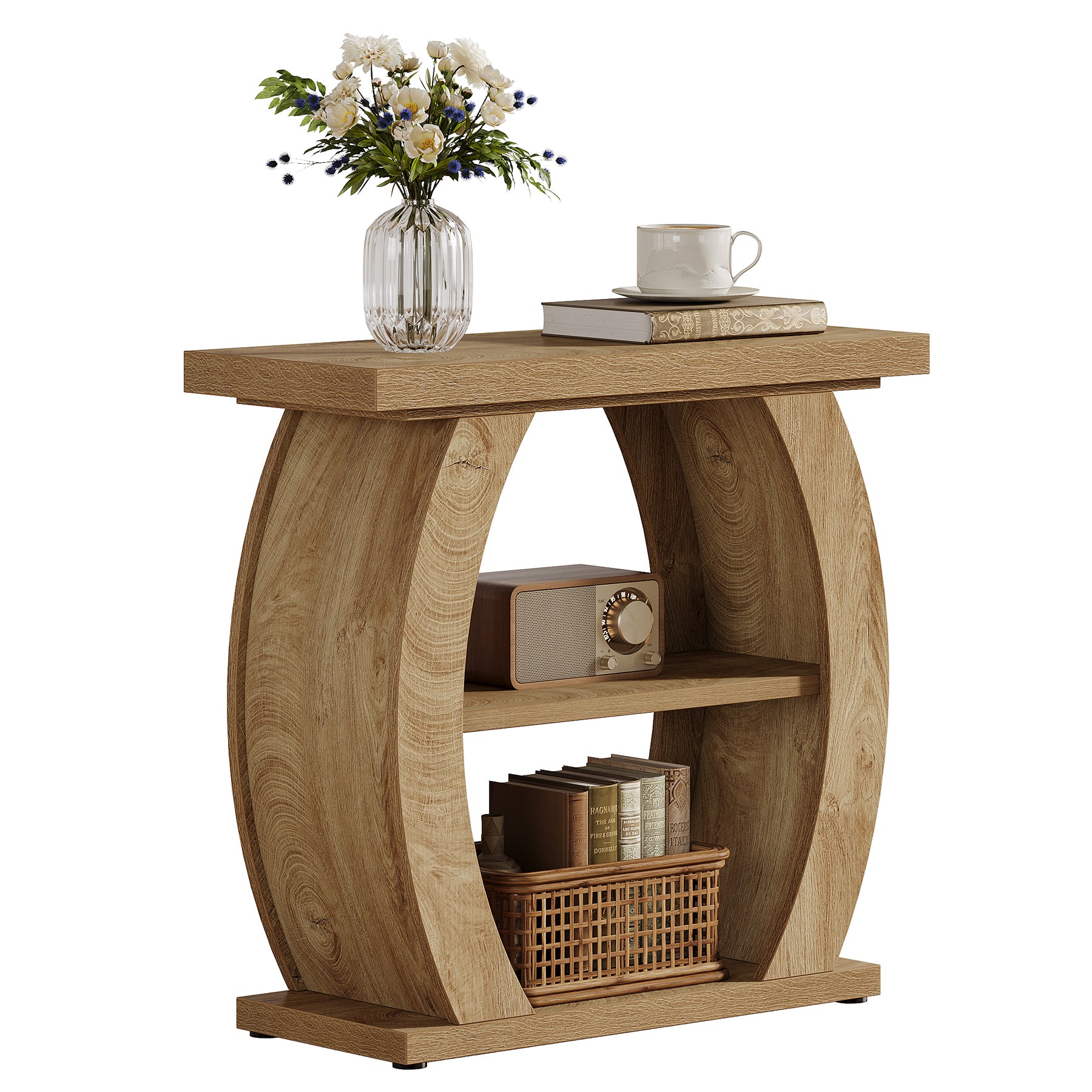 65 cm Smalle Bijzettafel met 3 Lagen Opslag, Landelijke Nachtkast met Gebogen Frame voor Woonkamer Slaapkamer