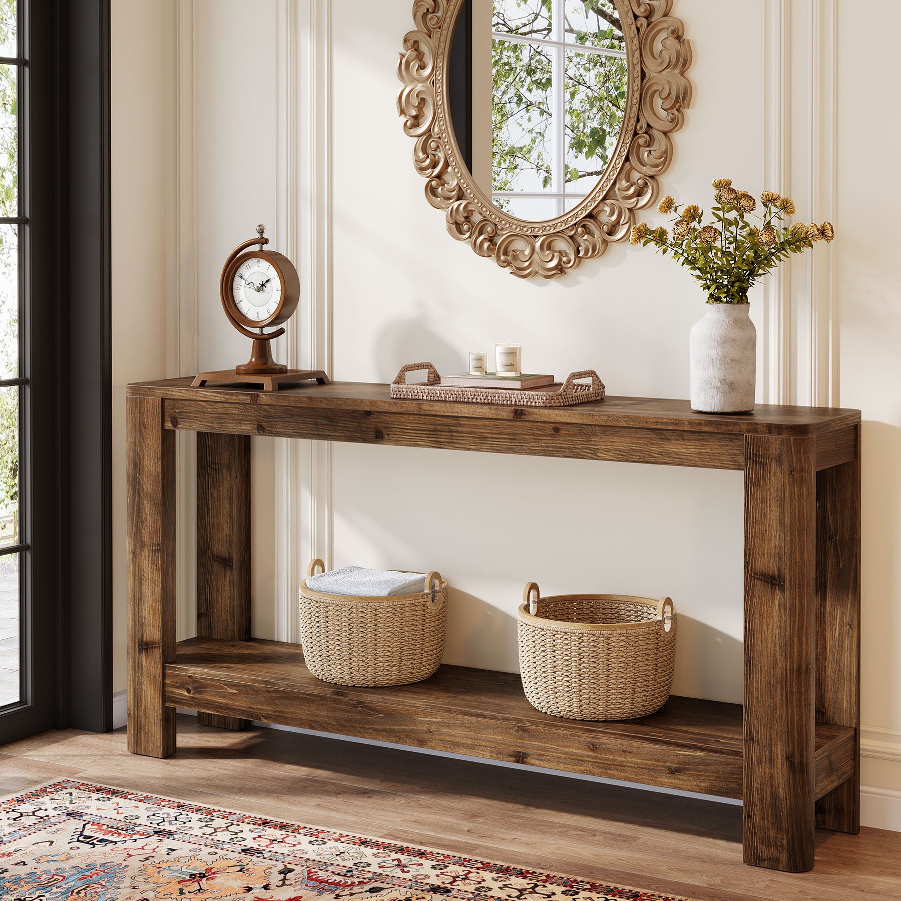 160 cm Massief Houten Consoletafel, Smalle Farmhouse Sidetable met Rek