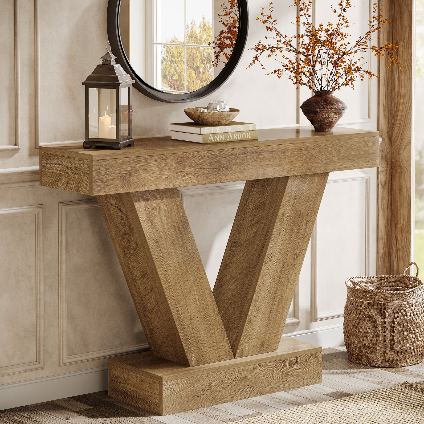 105 cm Consoletafel met V-vormige Poten, Smalle Haltafel voor Woonkamer en Entree in Bruin