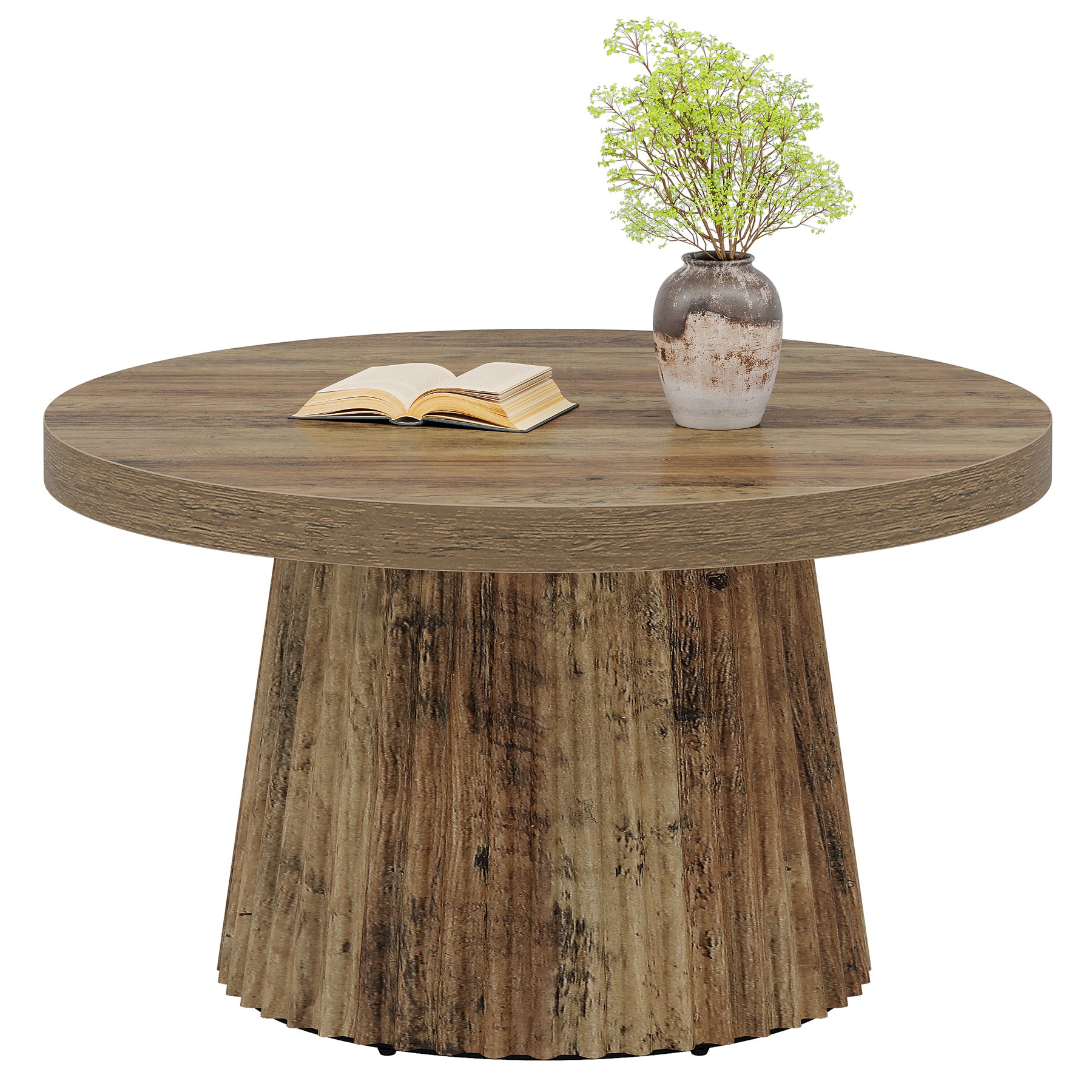 80 cm Ronde Landelijke Salontafel met Gegroefde Trommelvoet, Mid-Century Accent Tafel