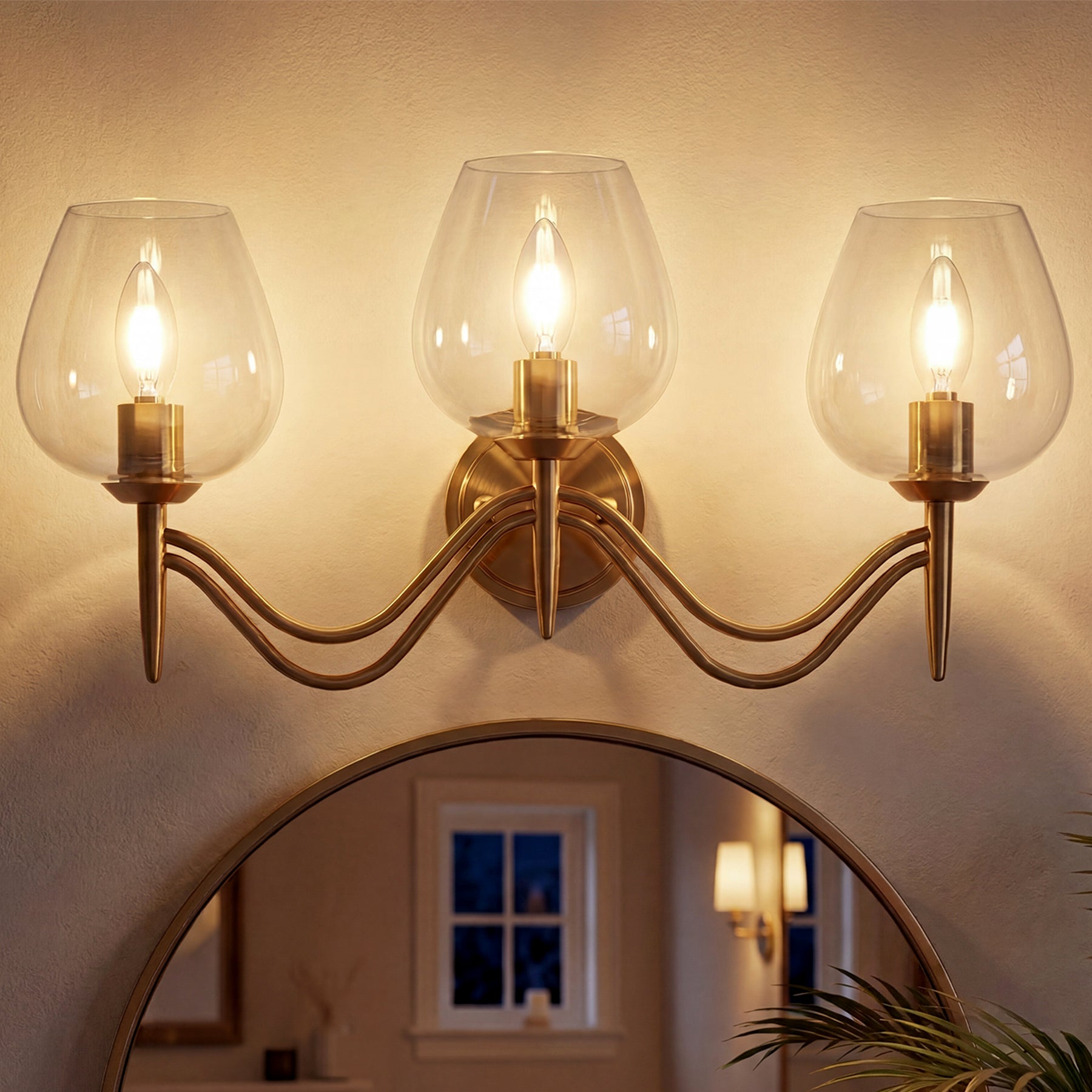 3-lichts badkamerlamp 58 cm van messing, spiegellamp met helder glas, E14-fitting