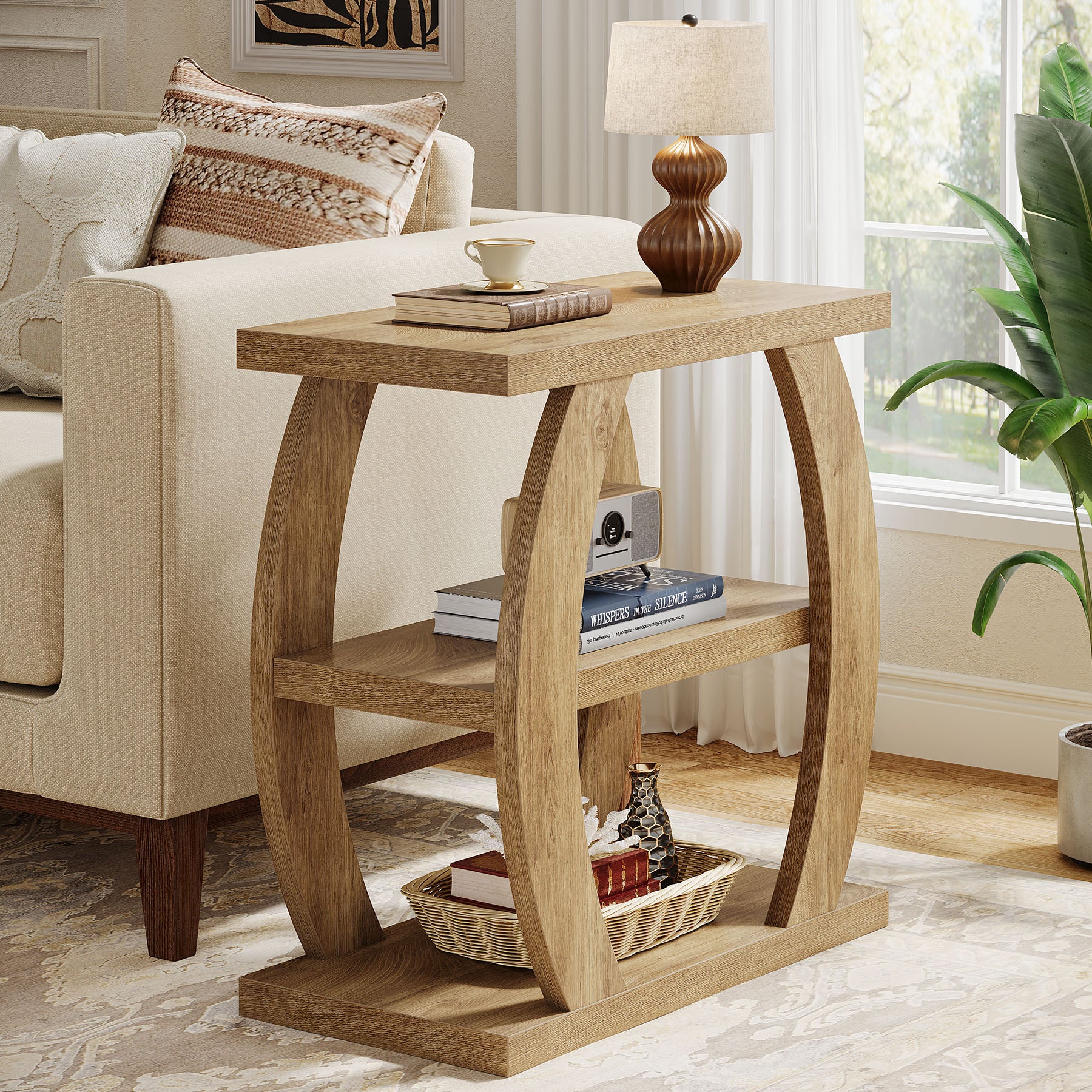 60 cm Hoge Bijzettafel voor Woonkamer, 3-Tier Smalle Tafel met Opbergruimte