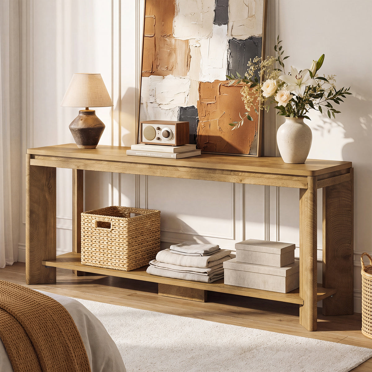 Tribesigns 160 cm lage houten consolentafel met 2-laags opbergruimte, landelijke haltafel voor hal en woonkamer