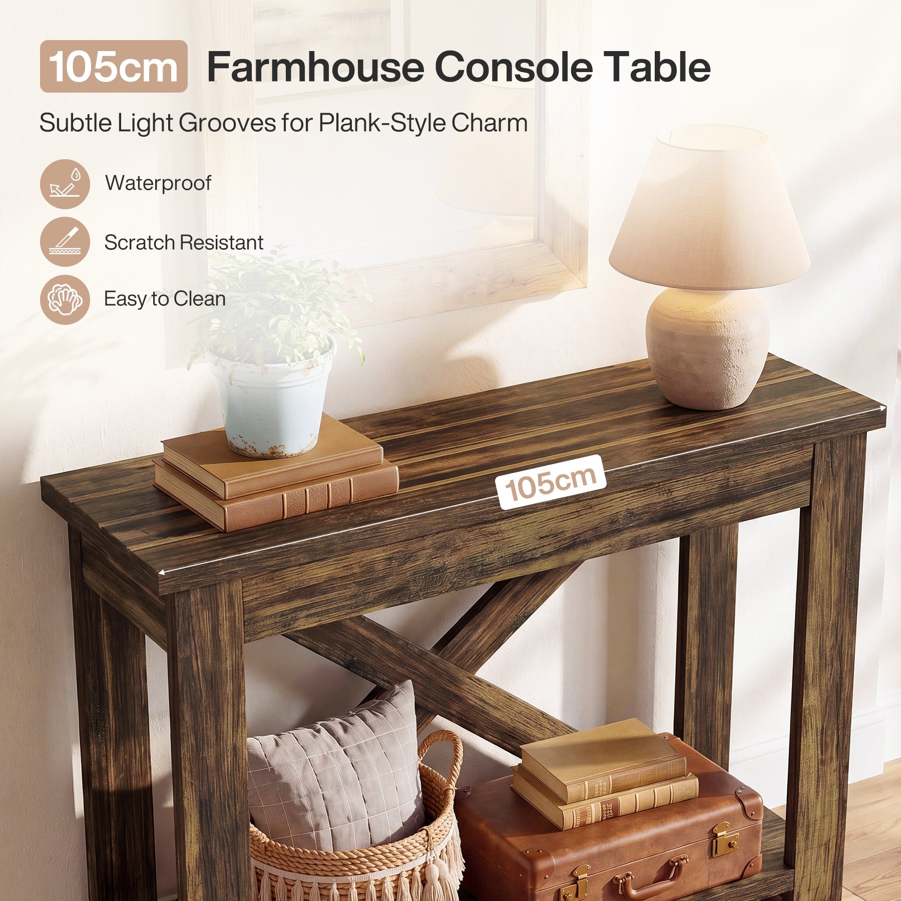 Tribesigns consoletafel 105 cm in landelijke stijl met plank, smalle haltafel met 2 niveaus
