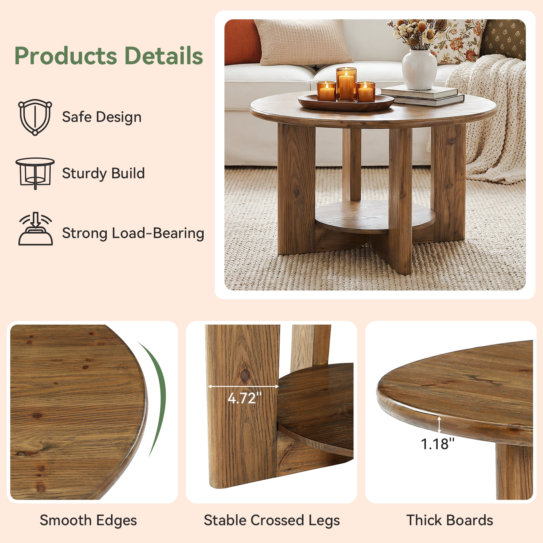 Tribesigns 80 cm Salontafel, Ronde 2-Laags Tafel met Opbergrek voor Woonkamer