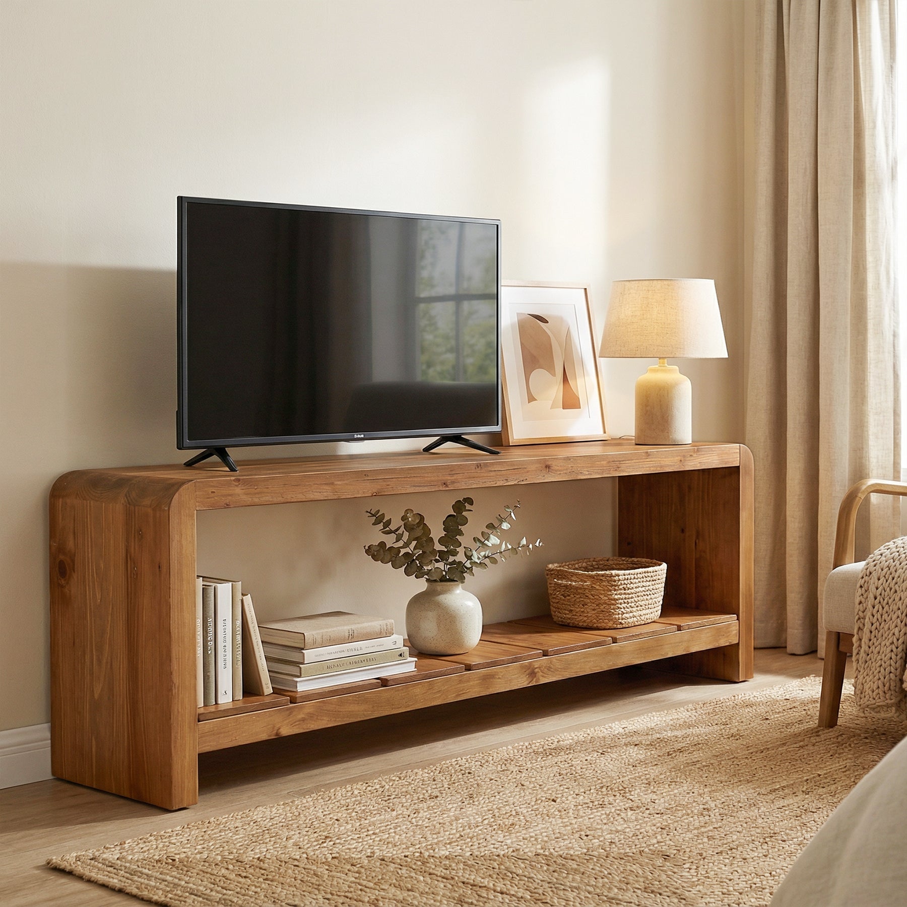 Tribesigns 150 cm TV-Meubel van Massief Hout voor TV's van 55–65 Inch, Landelijke TV-Kast met Open Opbergvak