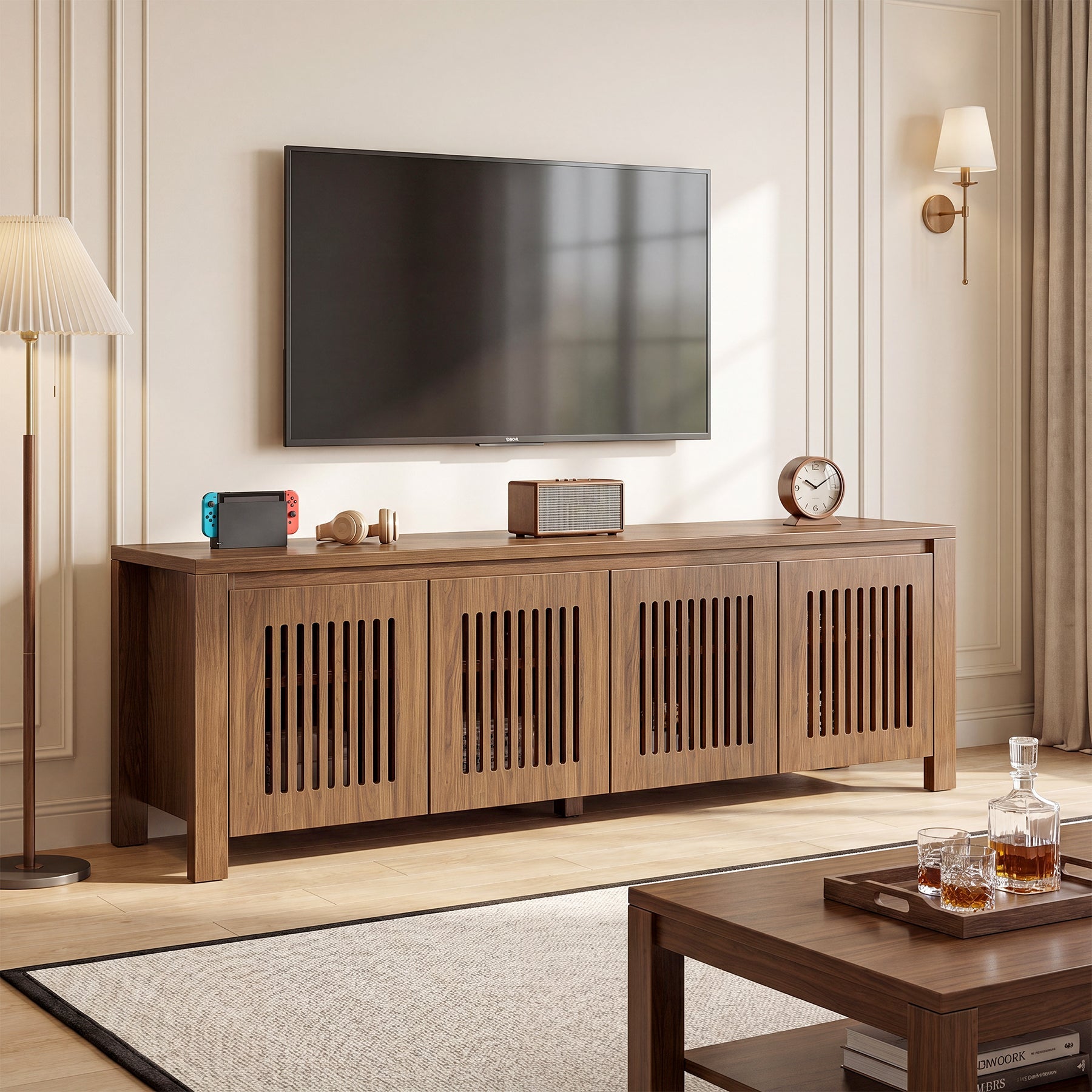 Tribesigns 140 cm TV-Meubel voor TV's tot 65 Inch, TV-Kast met Lamellendeuren en 8 Opbergvakken
