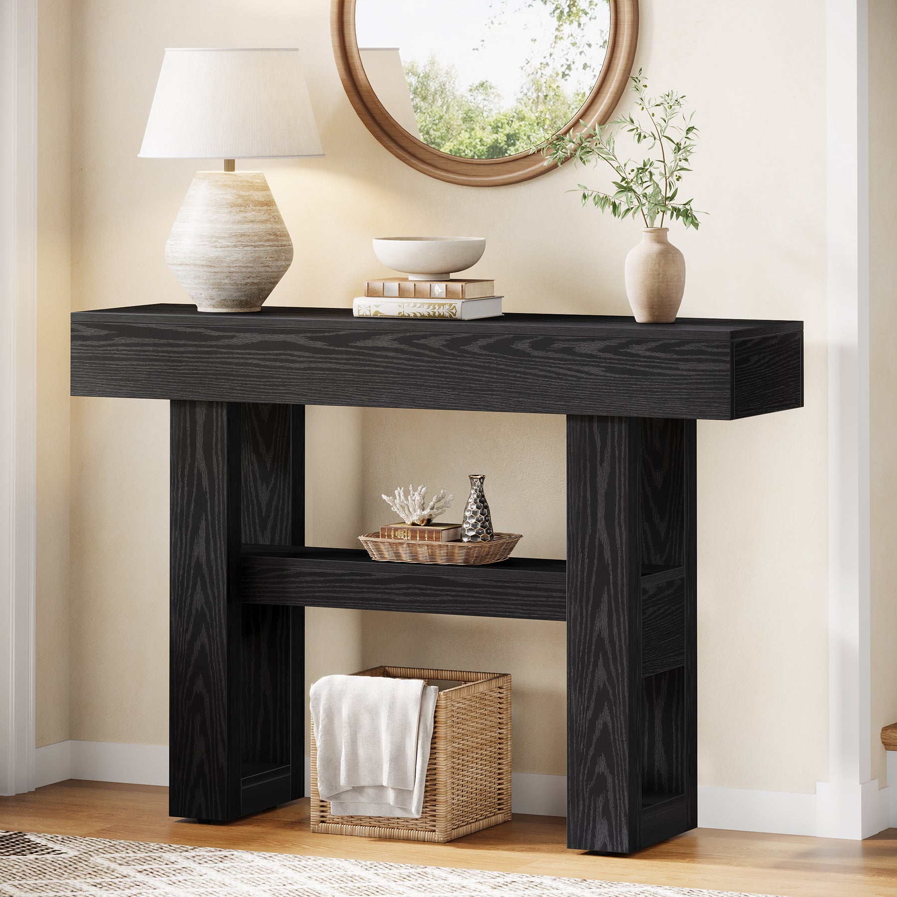 105 cm Smalle Consoletafel met 2 Niveaus, Rustieke Entreetafel voor Hal en Woonkamer