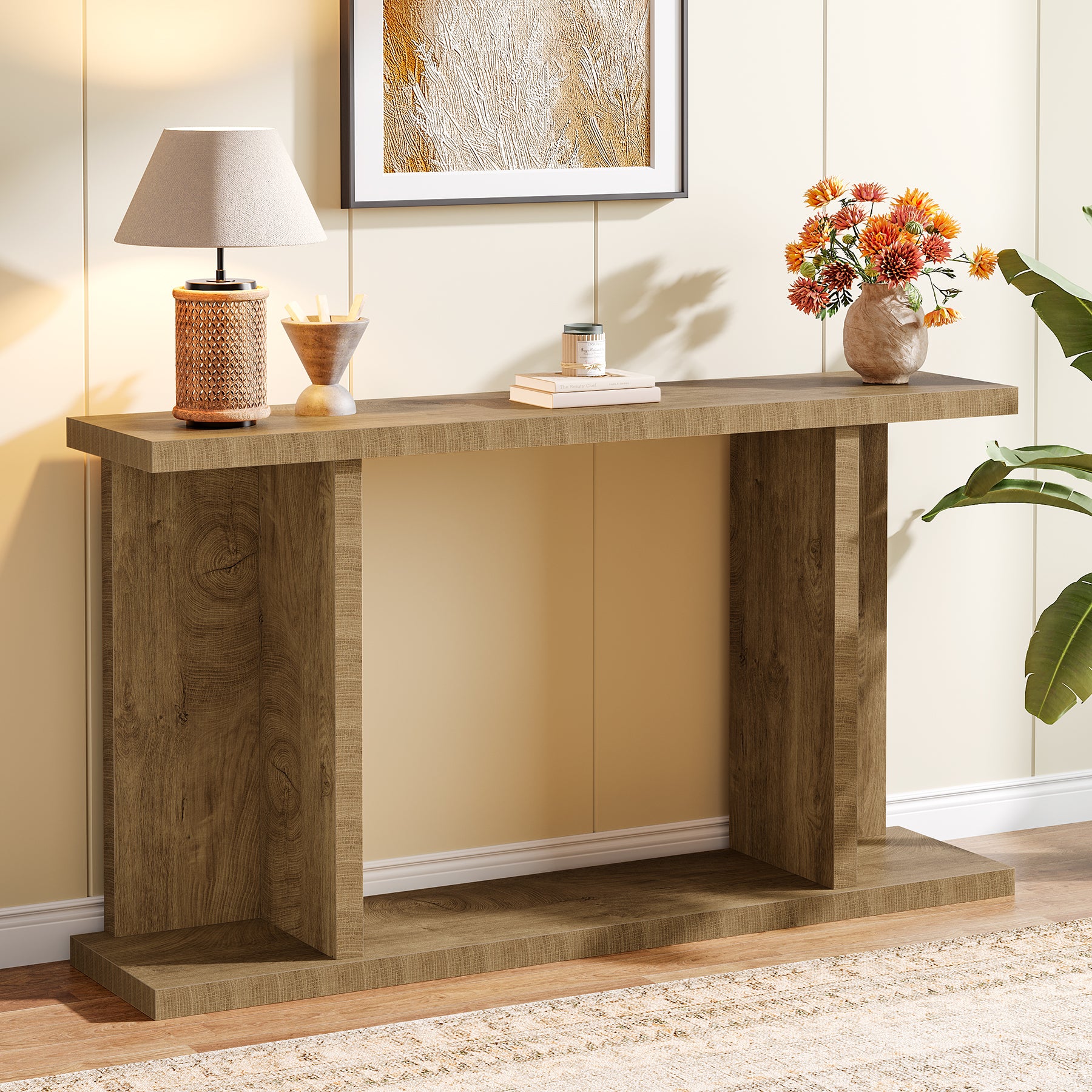 140 cm Consoletafel, 2-Laags Landelijke Banktafel voor Achter de Bank