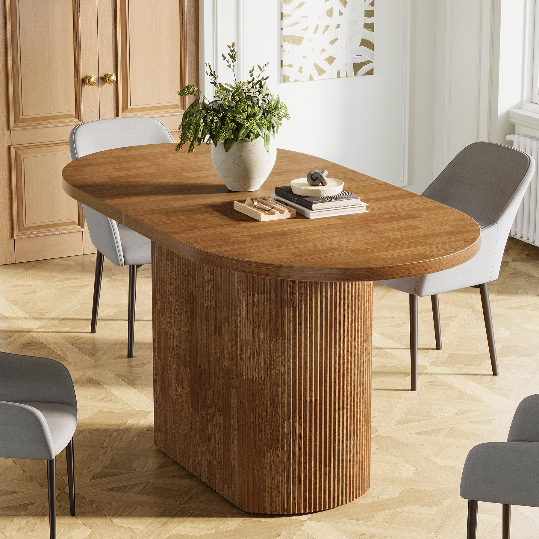 120 cm Ovale Vergadertafel voor 4 Personen, Rustieke Houten Conferentietafel met Polygonale Poot