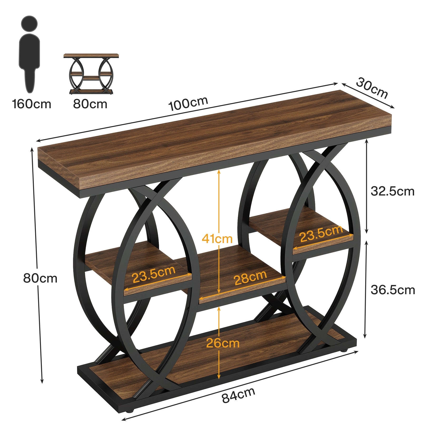 Industrieel Consoletafel 100 cm met 4 Opbergplanken, Smalle Houten Bijzettafel voor hal en Kleine Ruimtes