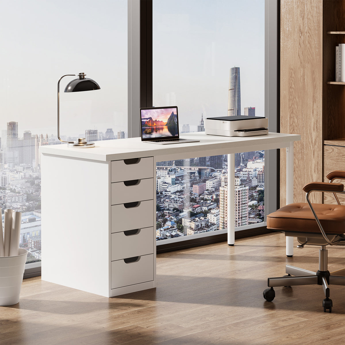 120 cm Tribesigns Bureau met 5 Lades, Compact Computerbureau met Opbergruimte voor Thuiswerkplek