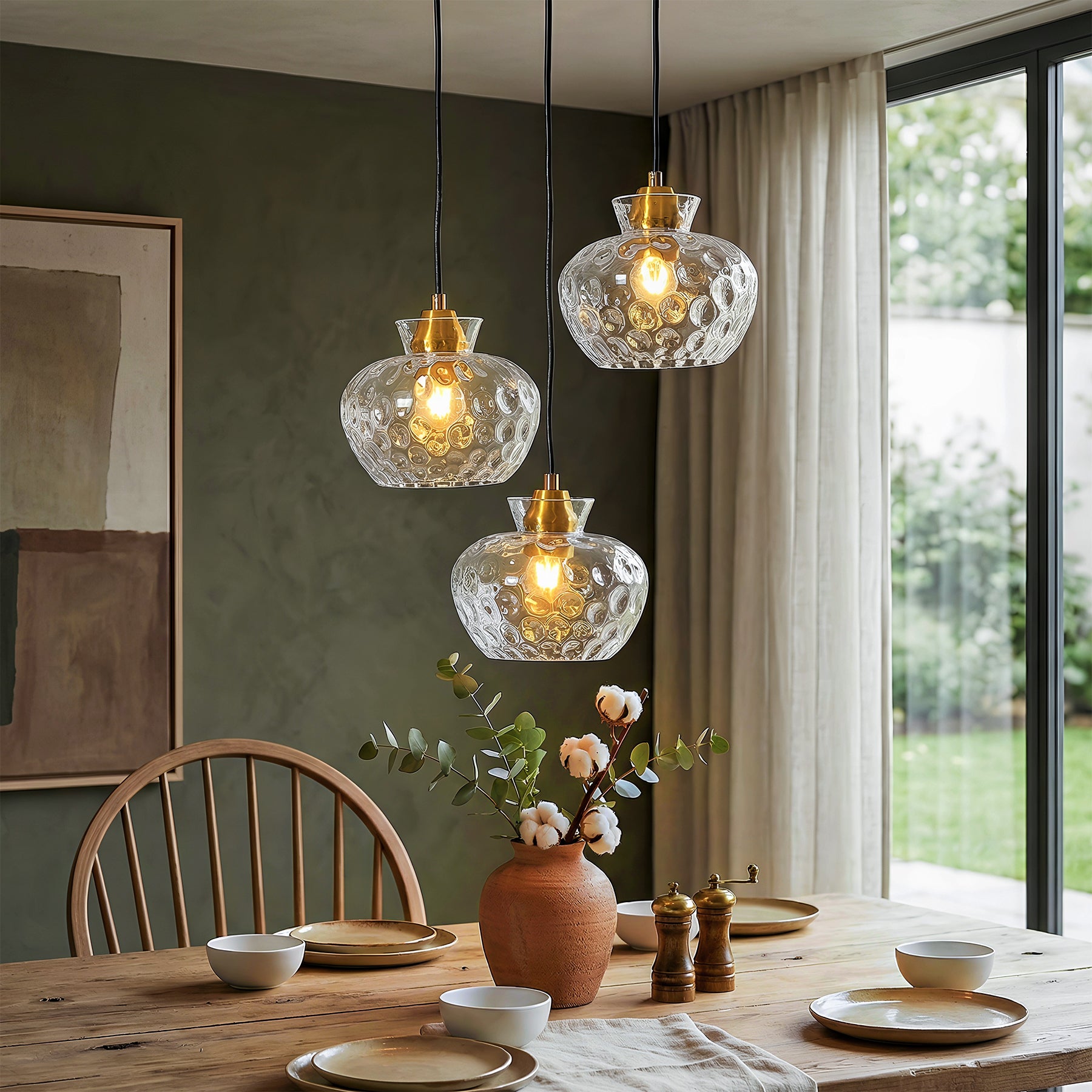 152 cm Tribesigns 3-lichts pendellamp met geribbeld glas en E27 fitting, in hoogte verstelbare vintage hanglamp voor eettafel, keuken en woonkamer [Energieklasse E]