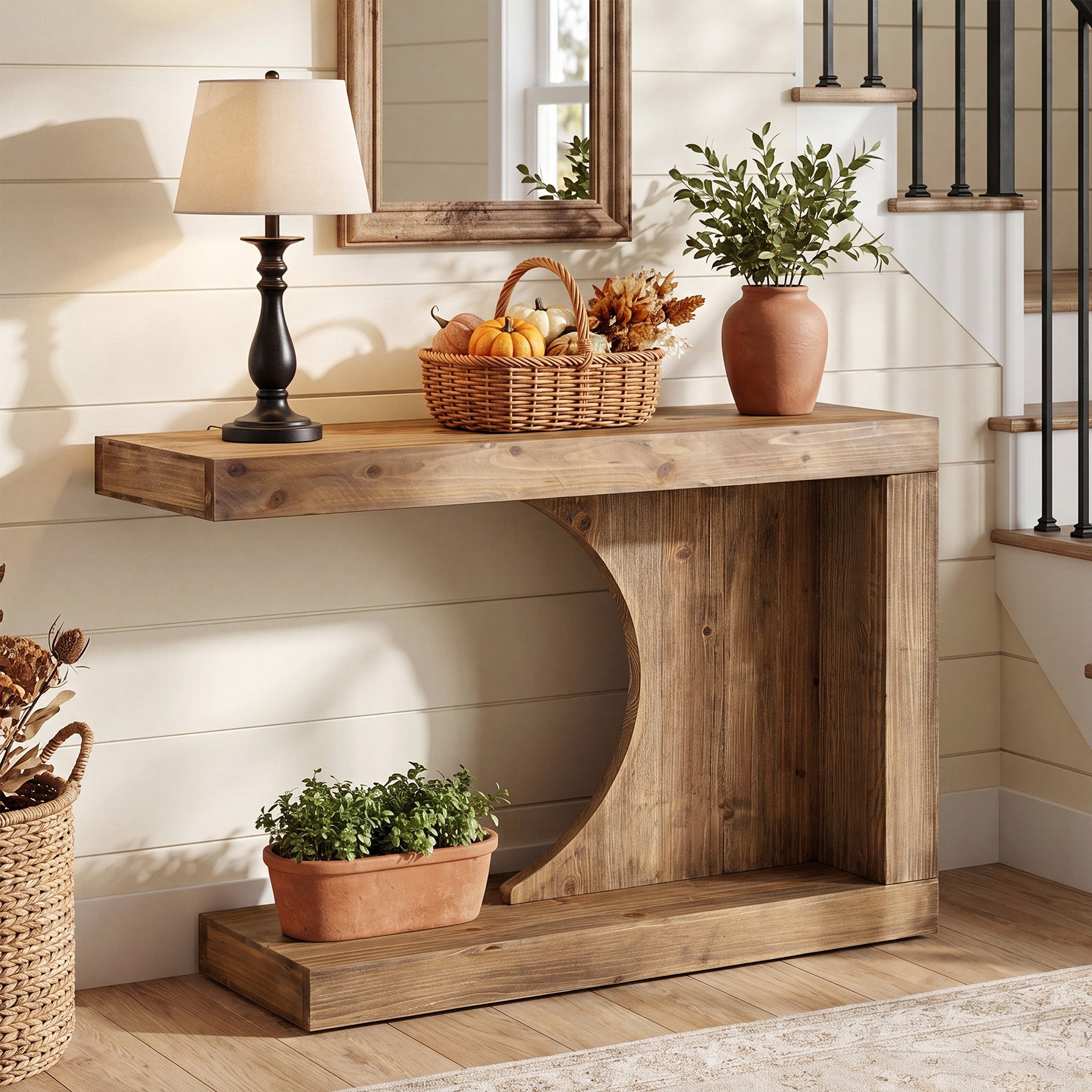 Tribesigns Massief Houten Consoletafel 100 cm, Moderne Haltafel met C-vormig Design