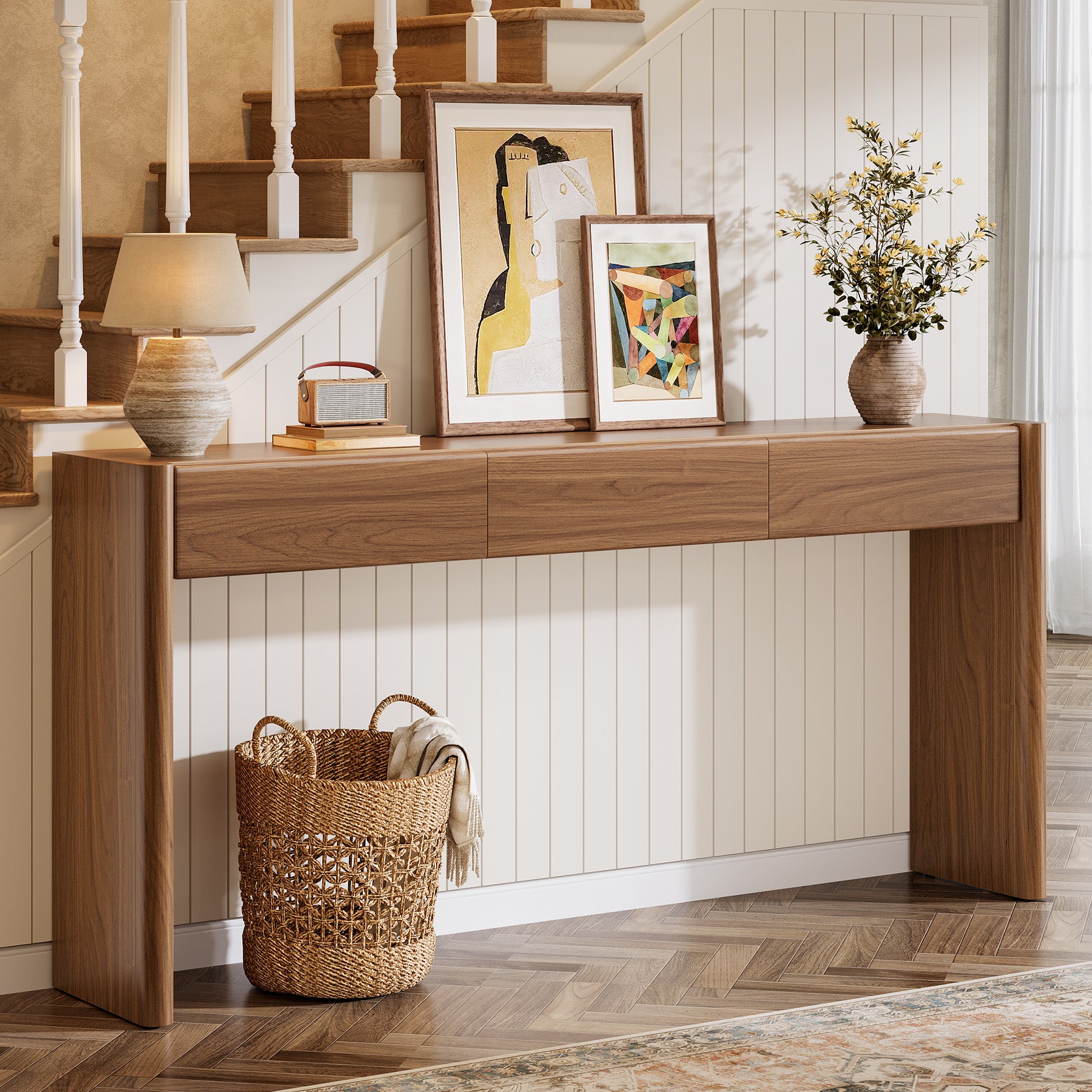 180 cm Landelijke Consoletafel met 3 Laden, Houten Haltafel met Opbergruimte