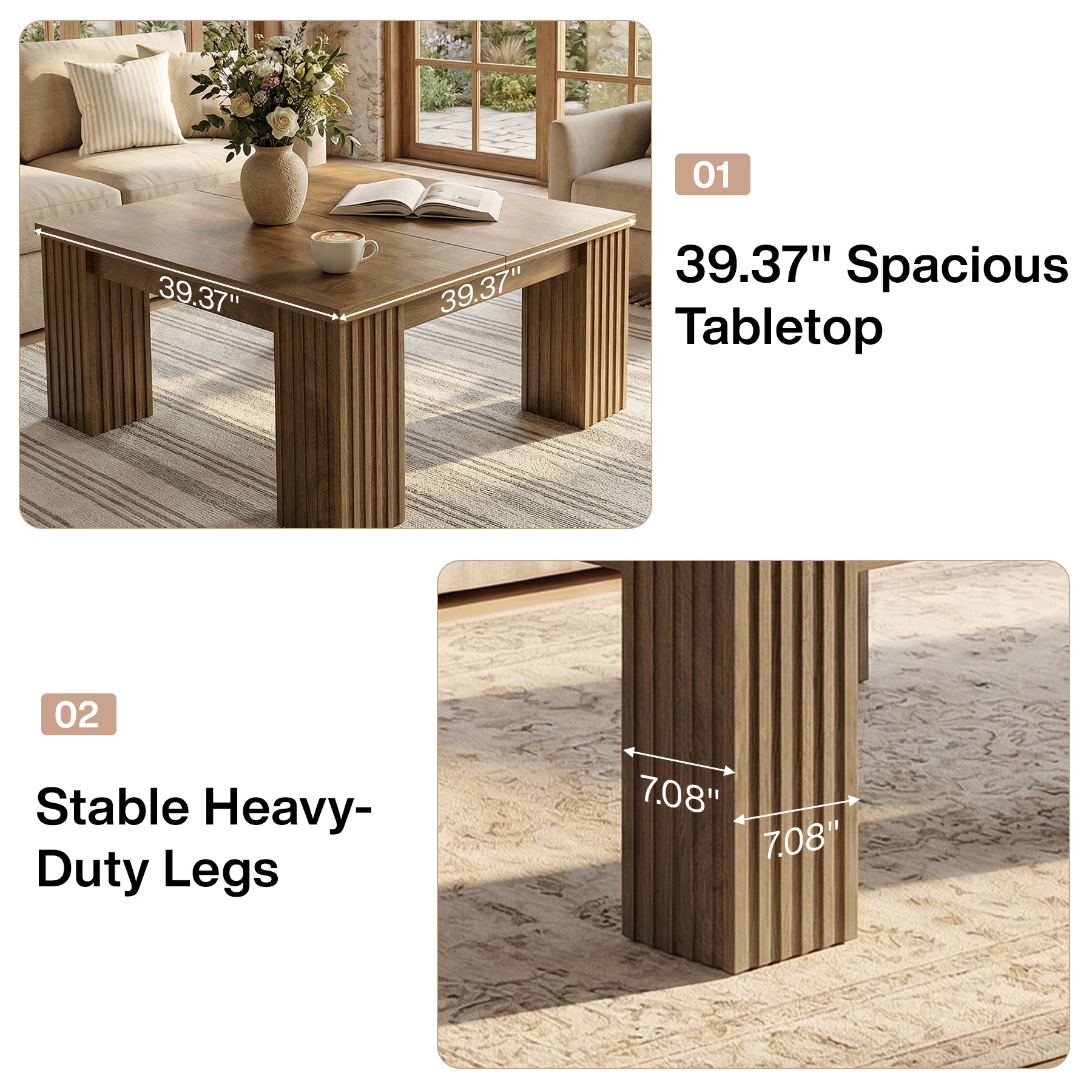 100 cm Vierkante Salontafel met Gefreesde Poten, Landelijke Houten Tafel voor Woonkamer