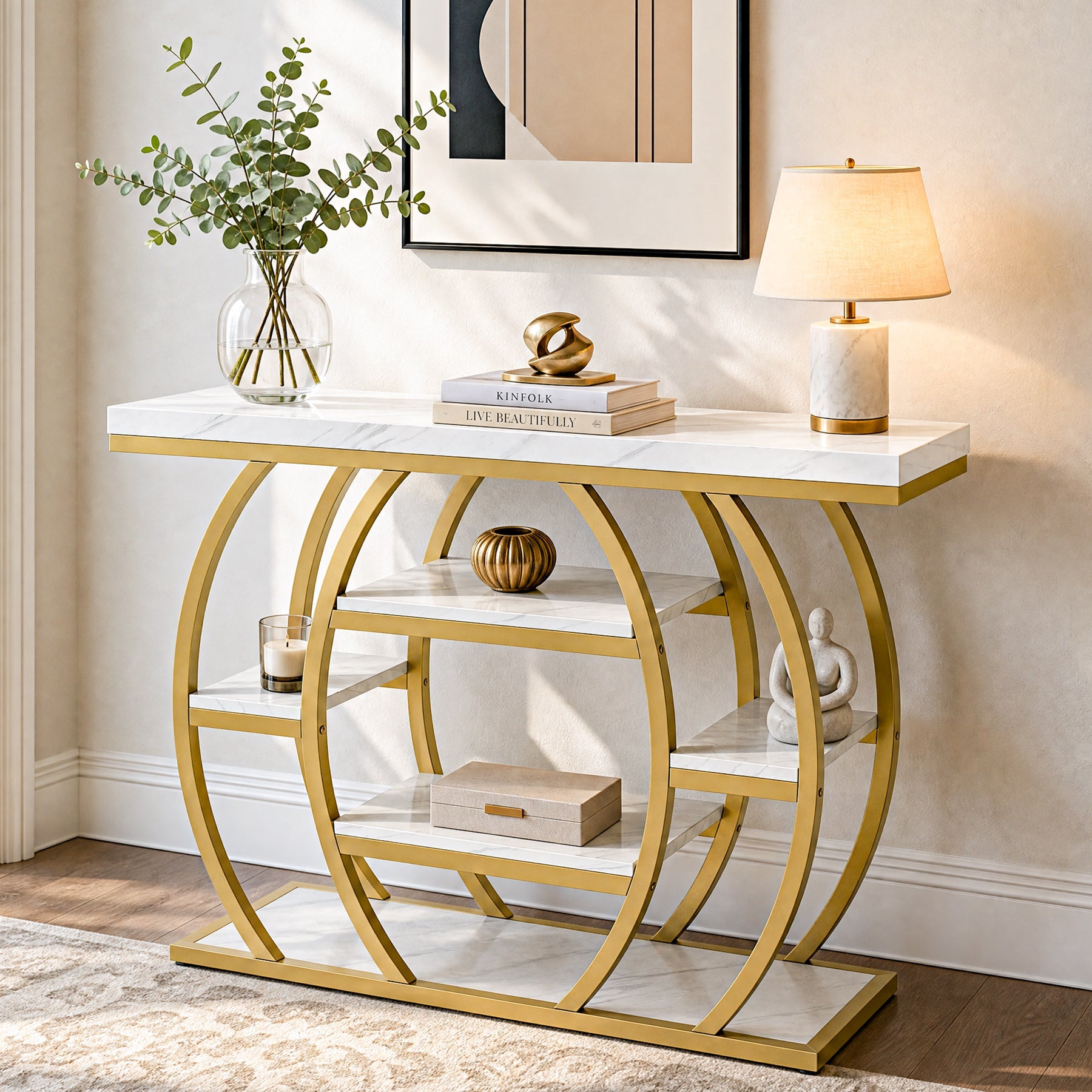Tribesigns consoletafel 105 cm – smalle haltafel met 5 legplanken, goudkleurig metalen frame en blad in marmerlook