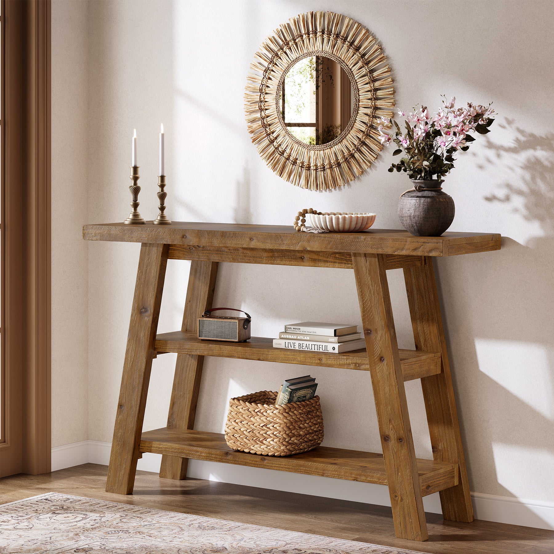 120 cm Tribesigns Massief Houten Consoletafel met 3 Niveaus, Smalle Boerderijstijl Entreetafel voor Hal en Woonkamer
