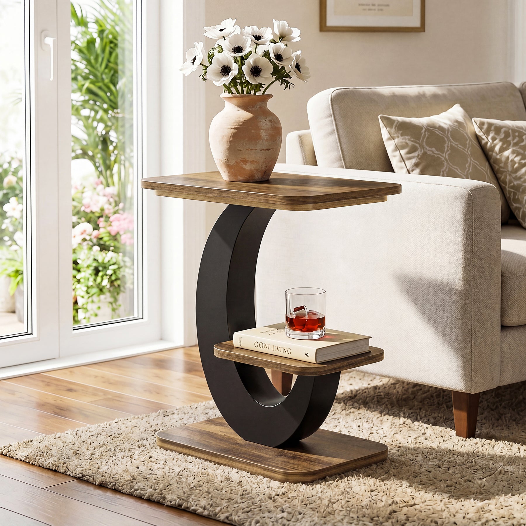 60 cm Smalle Bijzettafel met 2 Niveaus, Industriële Houten Sidetable voor Woonkamer en Slaapkamer
