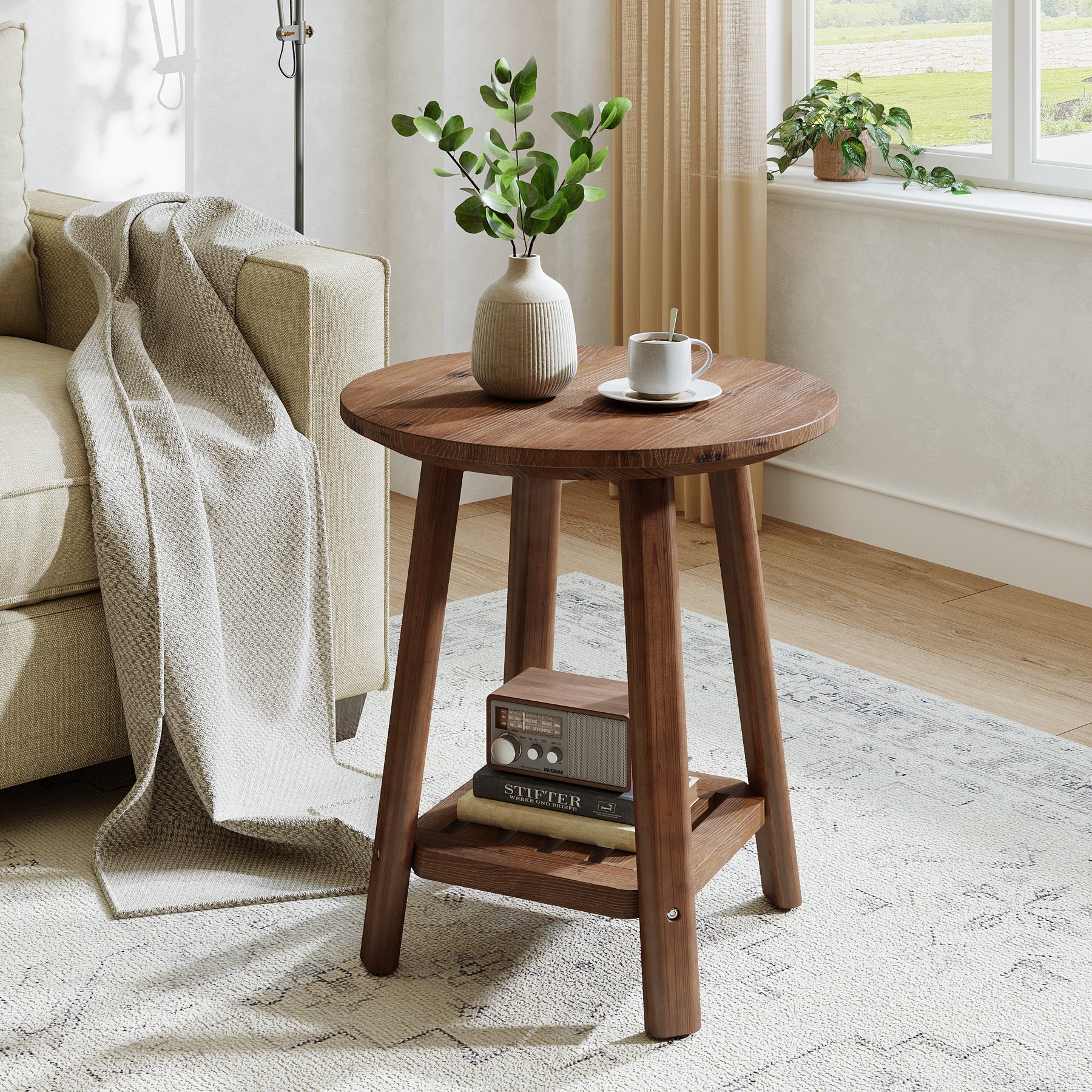 60 cm ronde massief houten bijzettafel, 2-laags landelijke opbergplank in walnootkleur