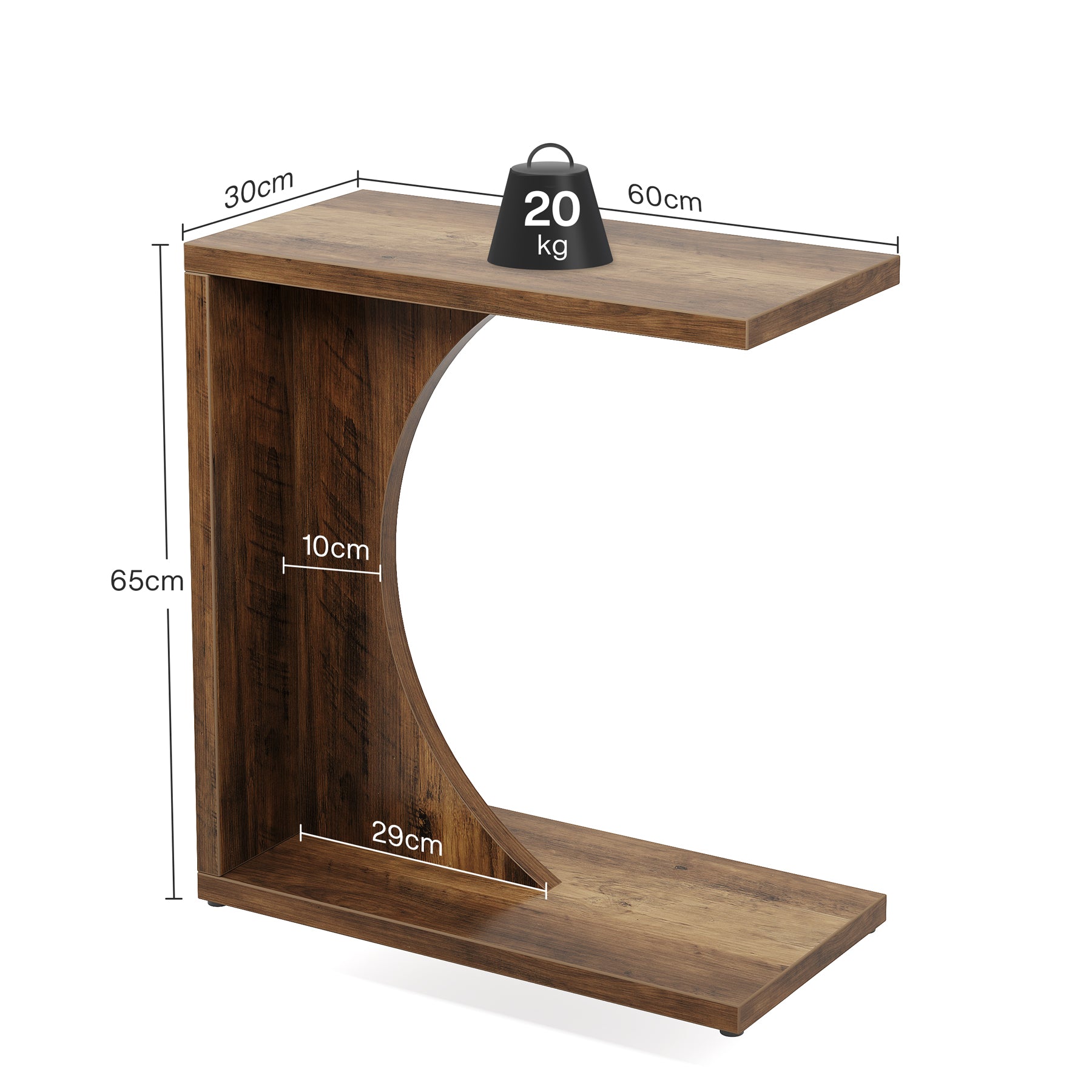 C-vormige Bijzettafel van Hout, Smalle Rustieke Tafel met Dienblad voor Woonkamer
