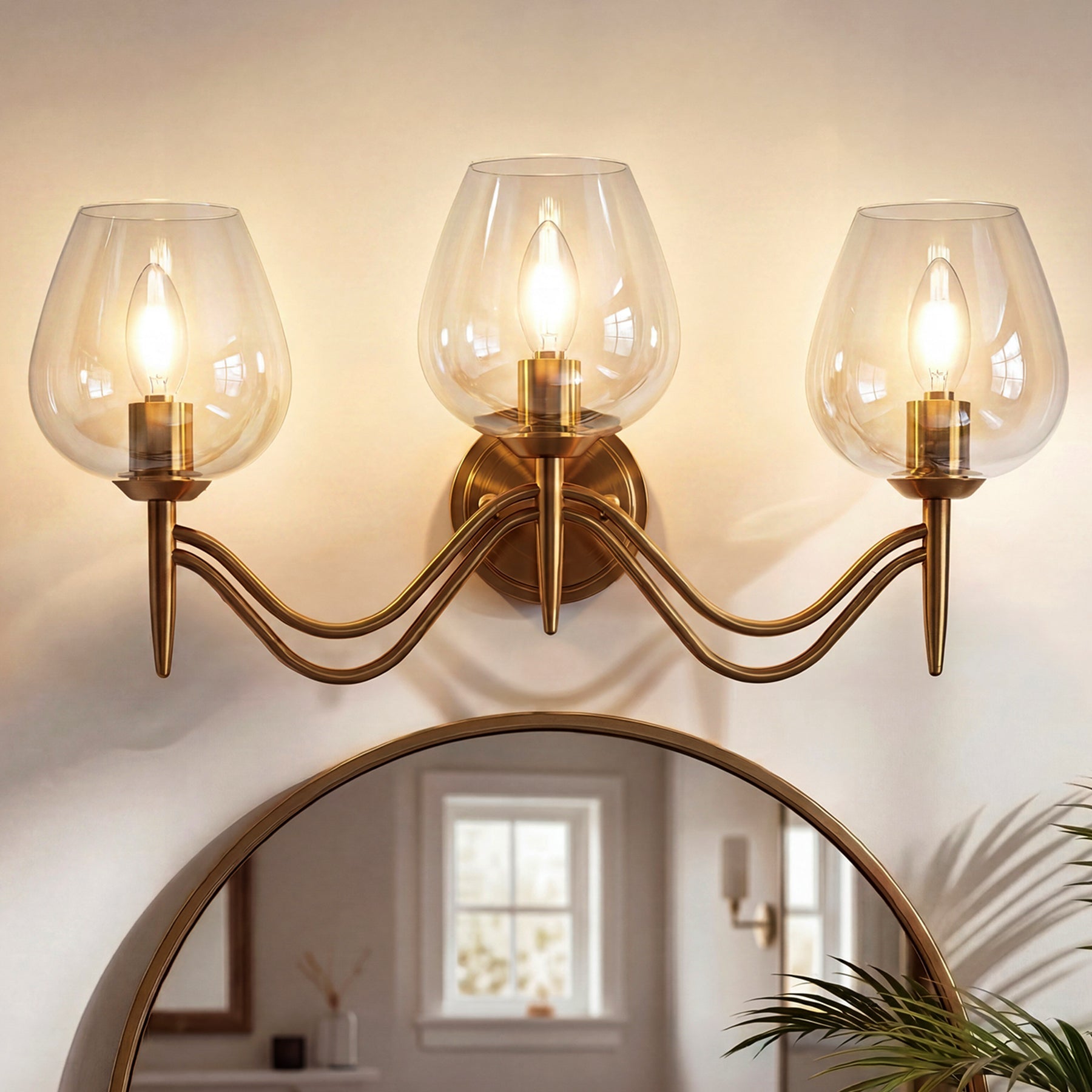 3-lichts badkamerlamp 58 cm van messing, spiegellamp met helder glas, E14-fitting