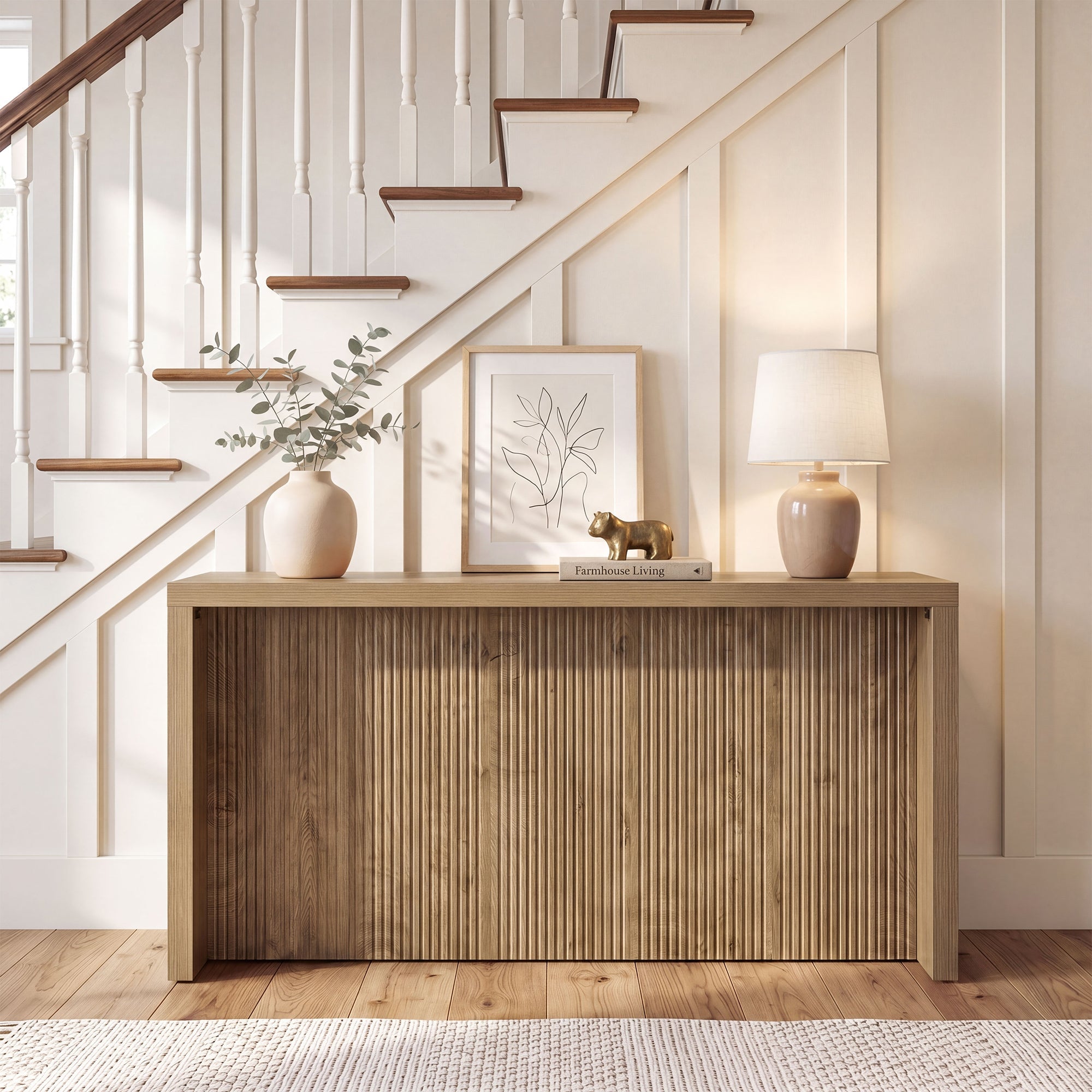 160 cm landelijke consoletafel, houten entree-tafel met geribd design voor in de hal