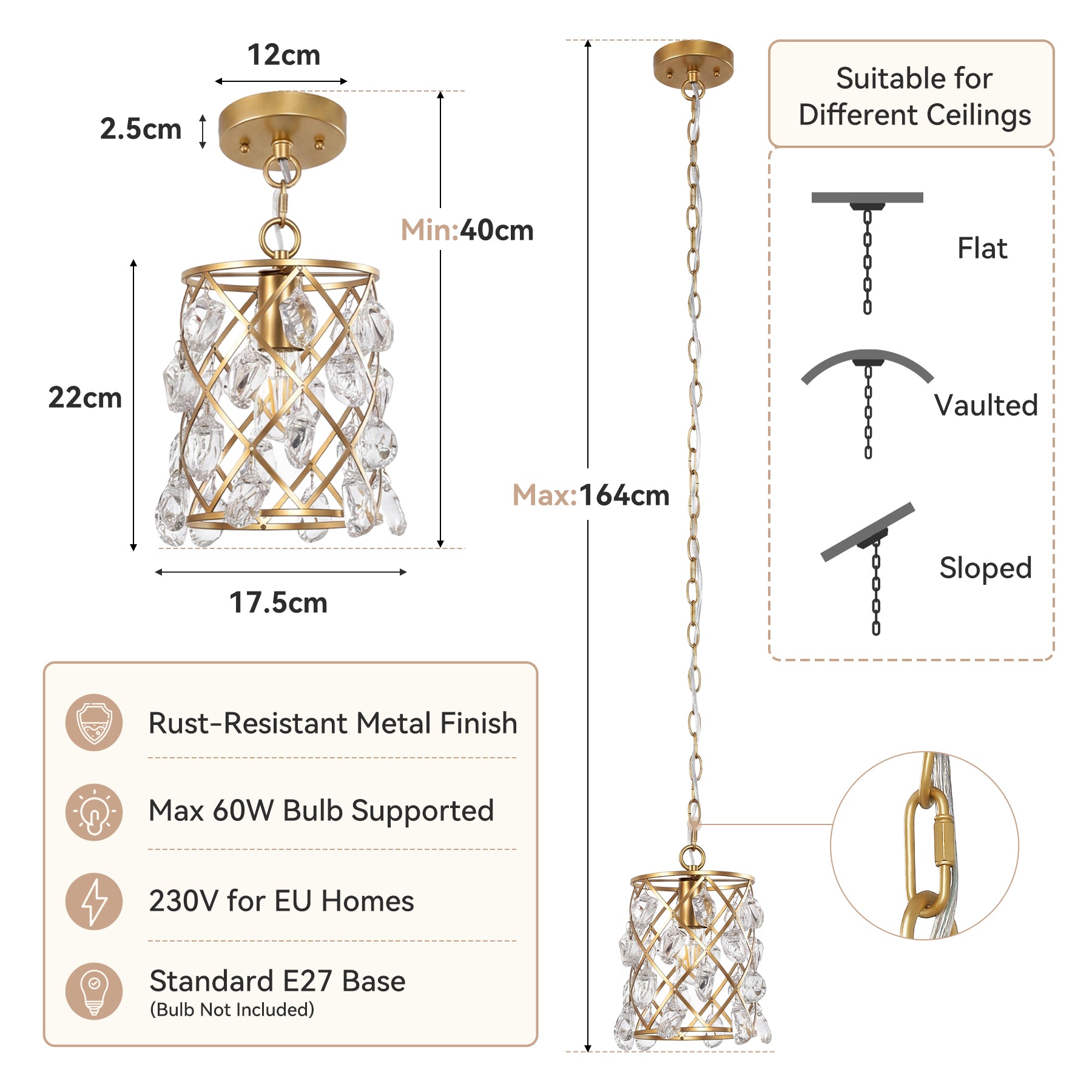 17,5 x 17,5 x 30 cm Tribesigns Gouden Hanglamp, Moderne Pendellamp met Watergolf Glaskristallen en E27-Fitting voor Keukeneiland Eetkamer en Hal [Energy Class E]