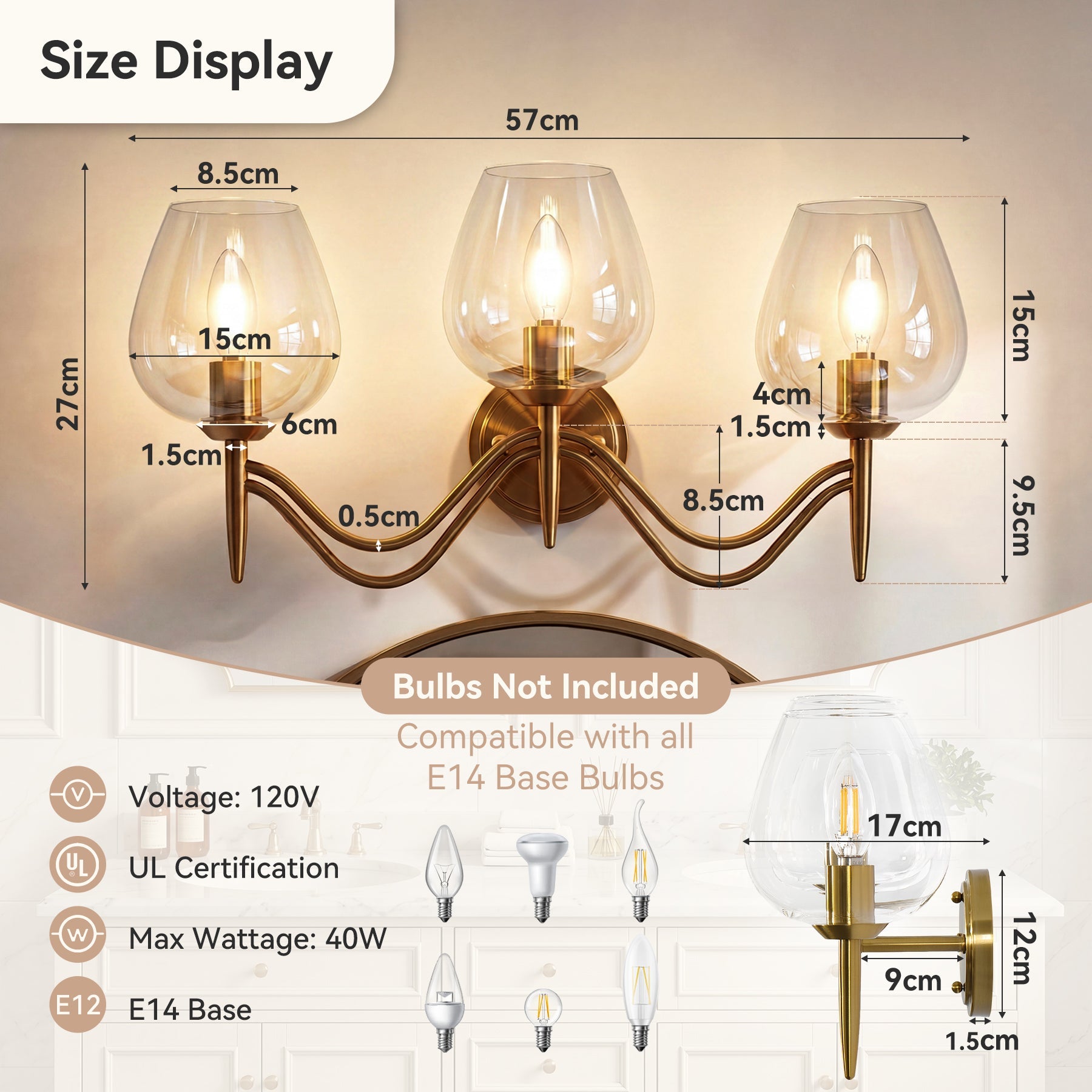 3-lichts badkamerlamp 58 cm van messing, spiegellamp met helder glas, E14-fitting