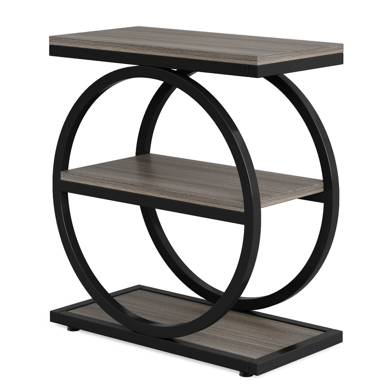 Industriële Bijzettafel met Drie Planken, Smalle Houten Zijtafel met Zwarte Metalen Frame