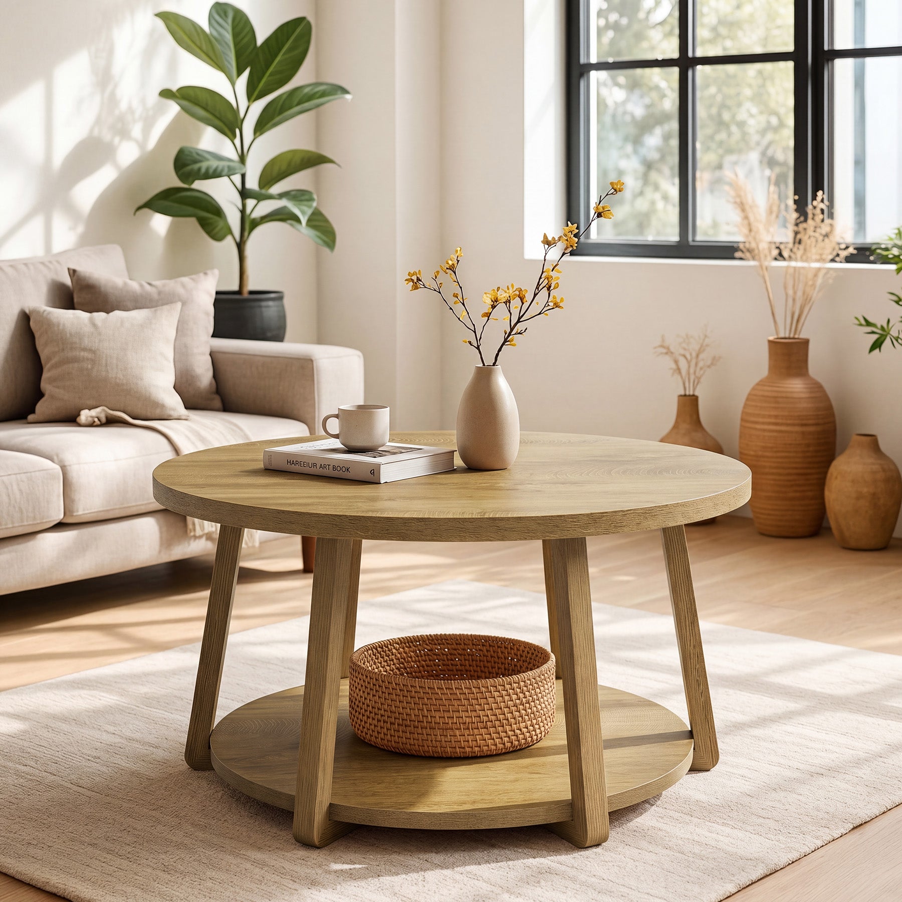 80 x 50 cm Tribesigns Ronde Salontafel, 2-Laagse Houten Bijzettafel met Opbergrek en Houten Poten voor Woonkamer