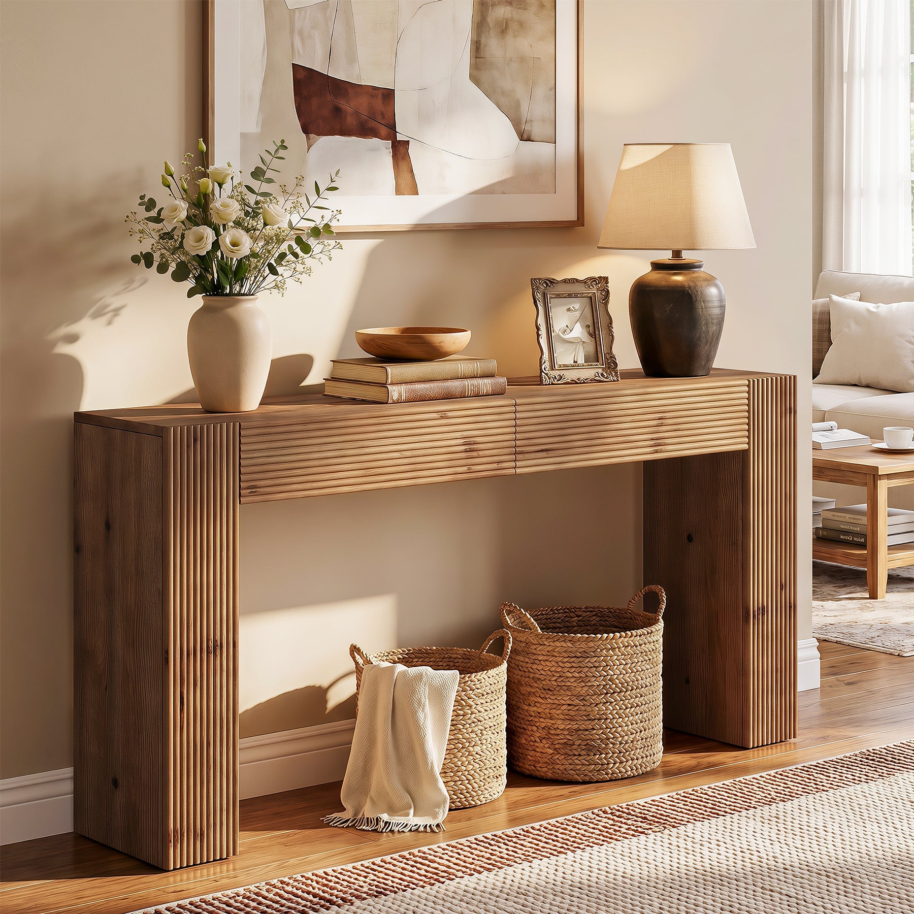 Tribesigns massief houten consoletafel van 160 cm met 2 lades, haltafel met geribbelde afwerking