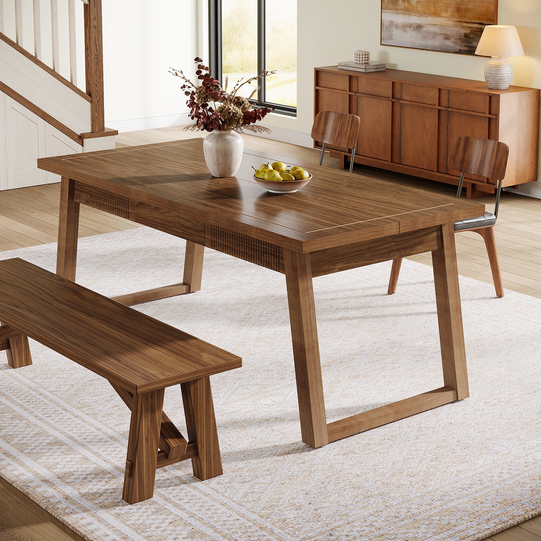 140 cm Rechthoekige Eettafel met Lade, Massief Houten Poten voor 4-6 Personen