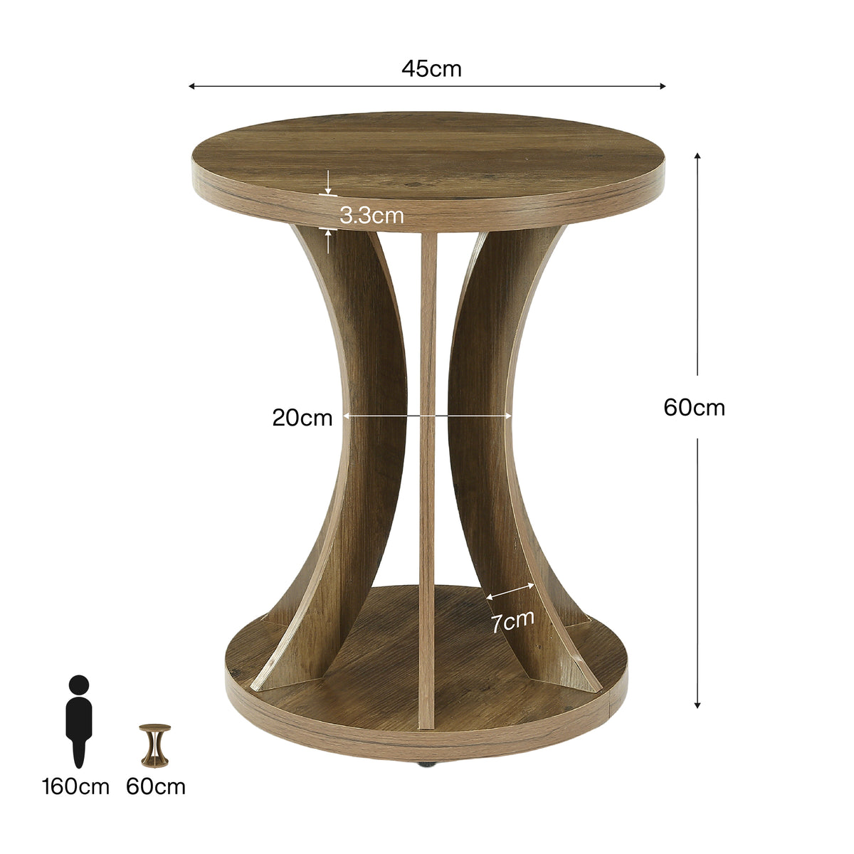 45 x 60 cm ronde bijzettafel met gebogen frame en onderste opbergplank, landelijke sidetable voor woonkamer en slaapkamer