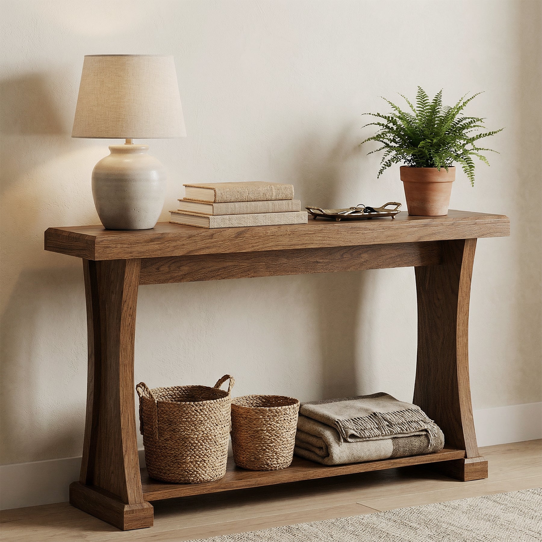 160 cm Houten Consoletafel, Smalle Sidetable met 2-Laags Rek voor Hal