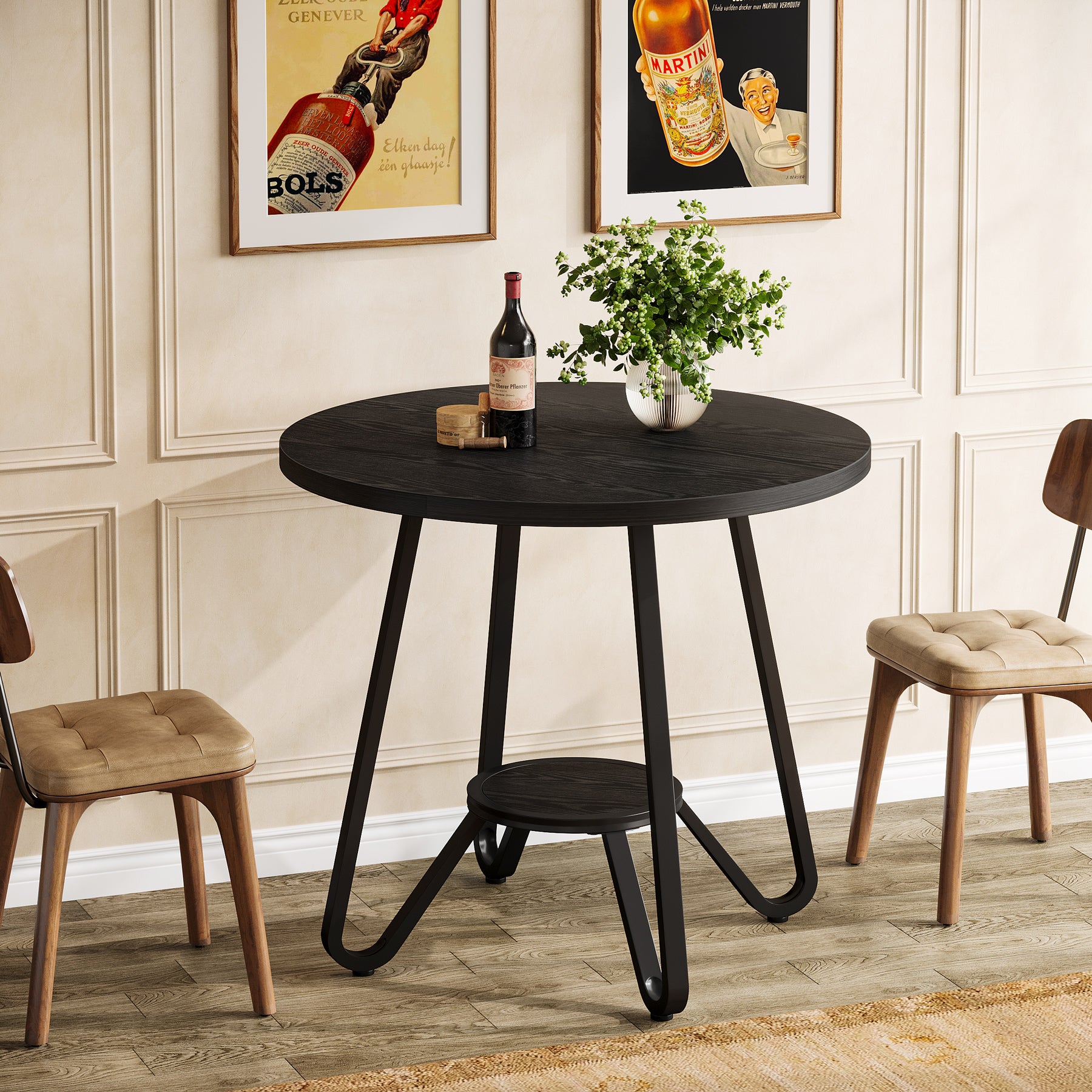 80 cm Ronde Eettafel met Dubbele Legplanken, Industriële Keukentafel voor 2 Personen