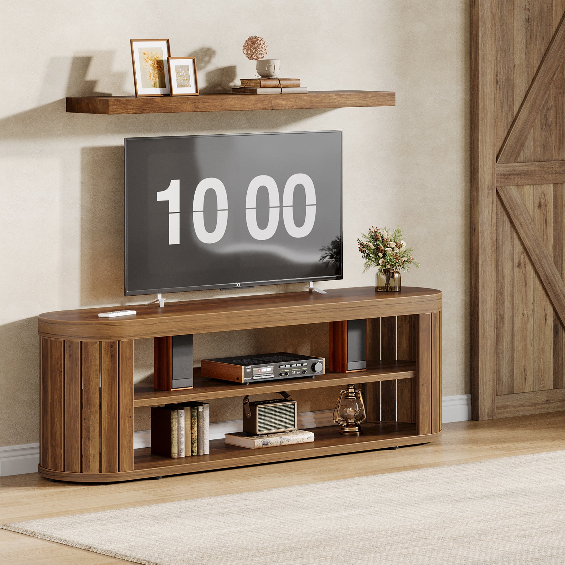 120 cm TV Meubel voor TV tot 55 Inch, Ovale Media Tafel met 2 Niveaus Opbergruimte voor Woonkamer Slaapkamer