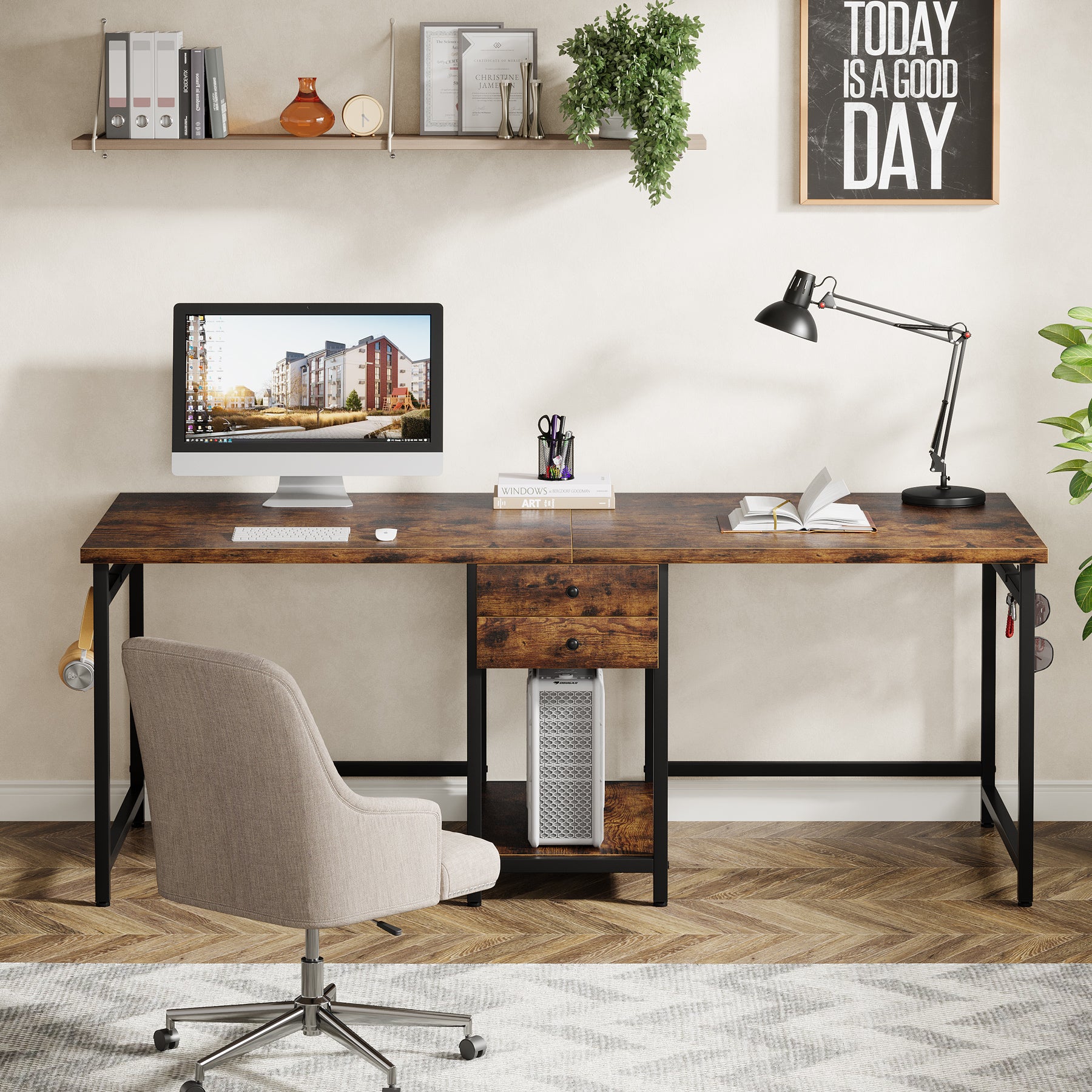200 cm Tribesigns dubbel bureau met 2 lades en planken, industrieel werkbureau voor kantoor en studie