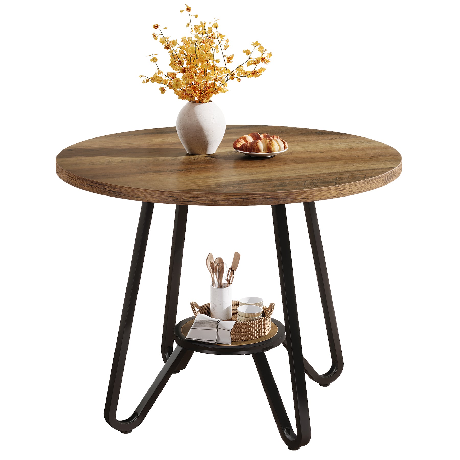 80 cm Ronde Eettafel met Dubbele Legplanken, Industriële Keukentafel voor 2 Personen