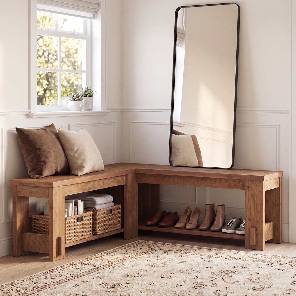 Tribesigns 120 x 45 cm L-vormige schoenenbank, massief hout met ruime open opbergplank voor hal en entree