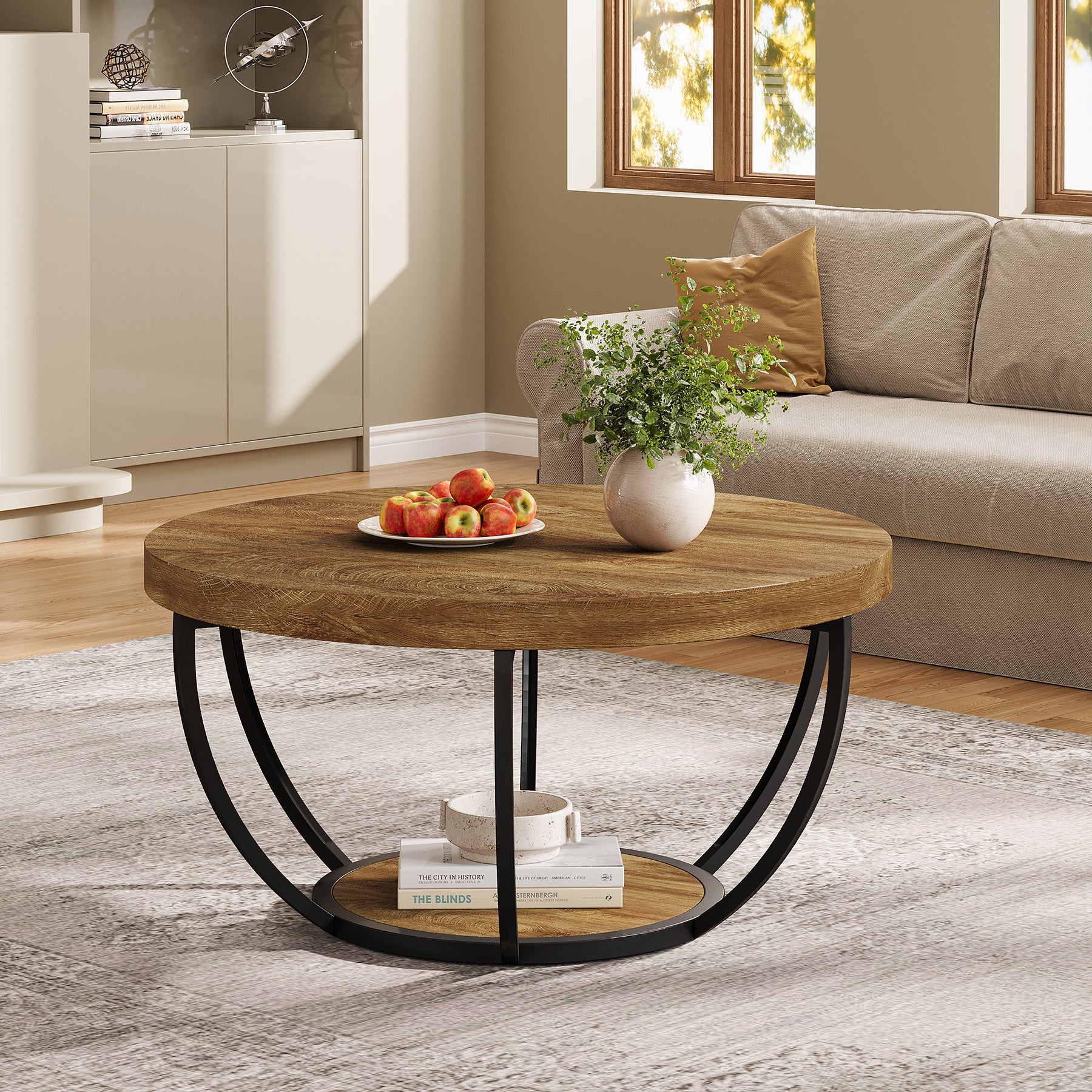 80,5 cm Ronde Industriële Salontafel, Tweelaags Middentafel in Rustiek Bruin en Zwart