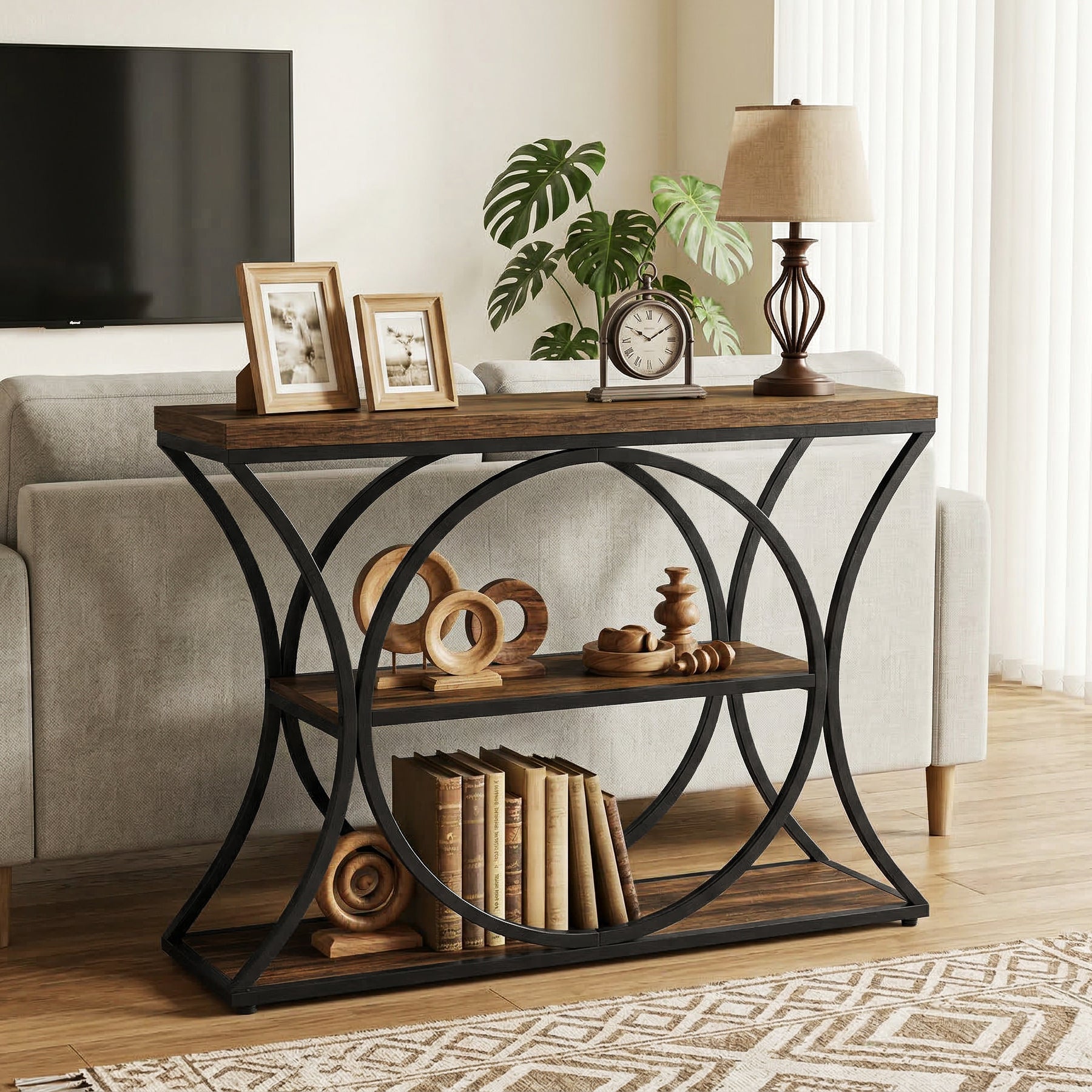 105 cm Tribesigns Industriële Consoletafel, 3-Laagse Sidetable met Boogframe