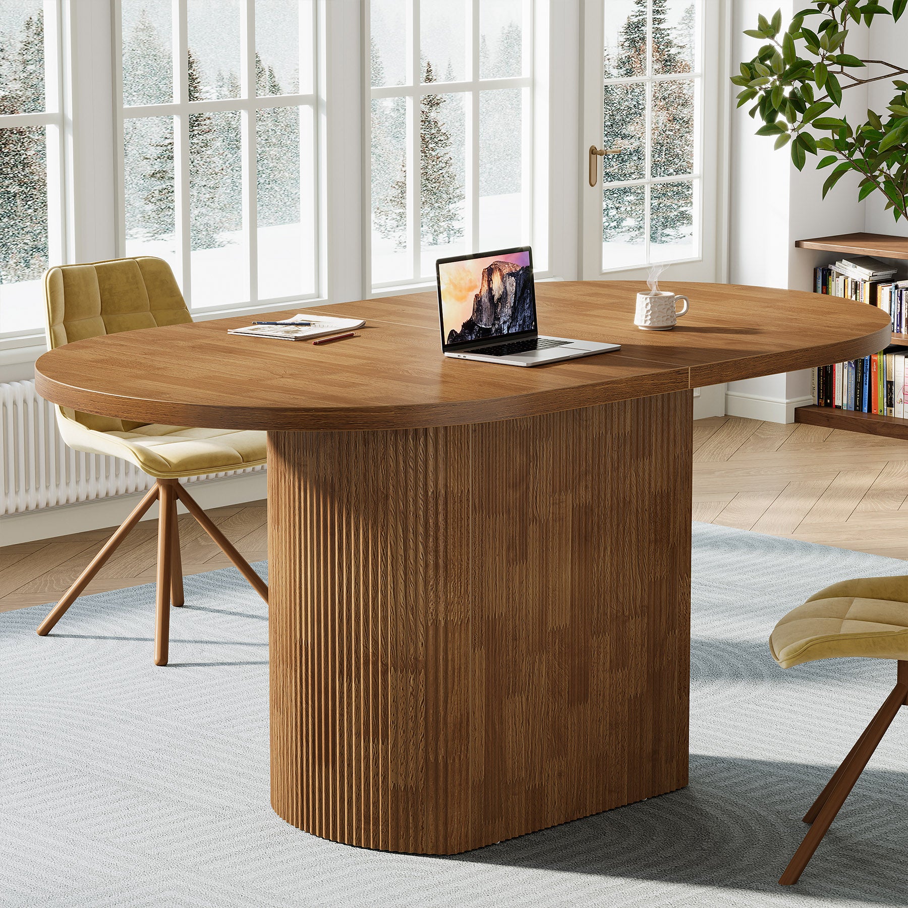 120 cm Ovale Vergadertafel voor 4 Personen, Rustieke Houten Conferentietafel met Polygonale Poot