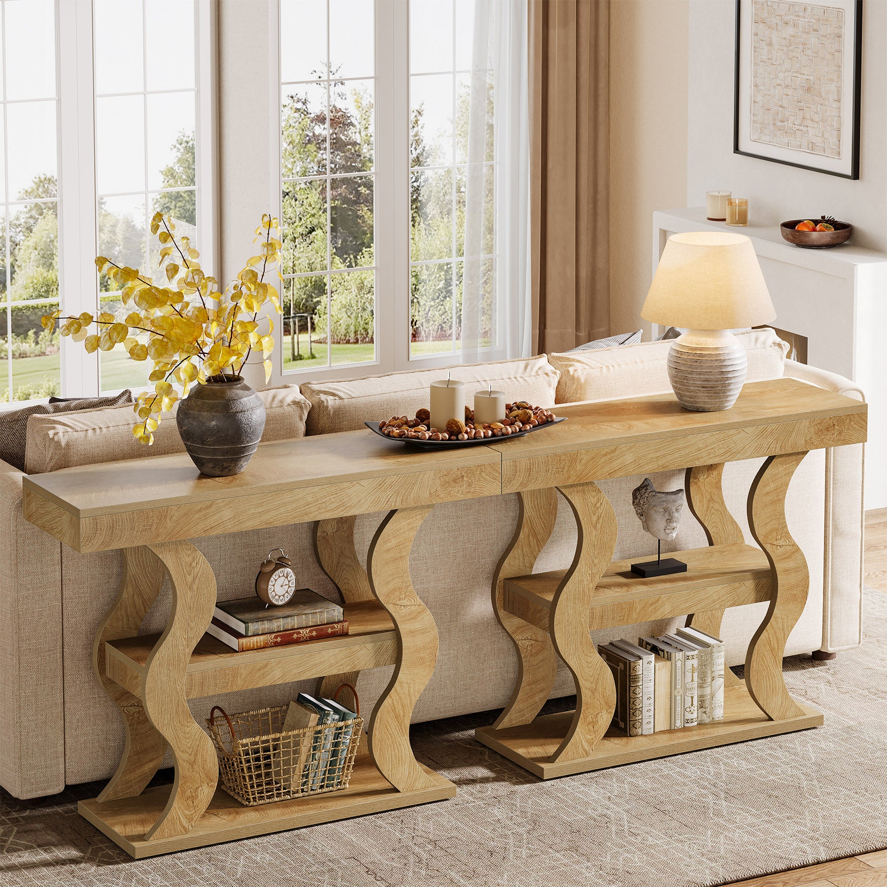 105 cm Smalle Consoletafel met 3 Planken, Houten Haltafel voor Entree