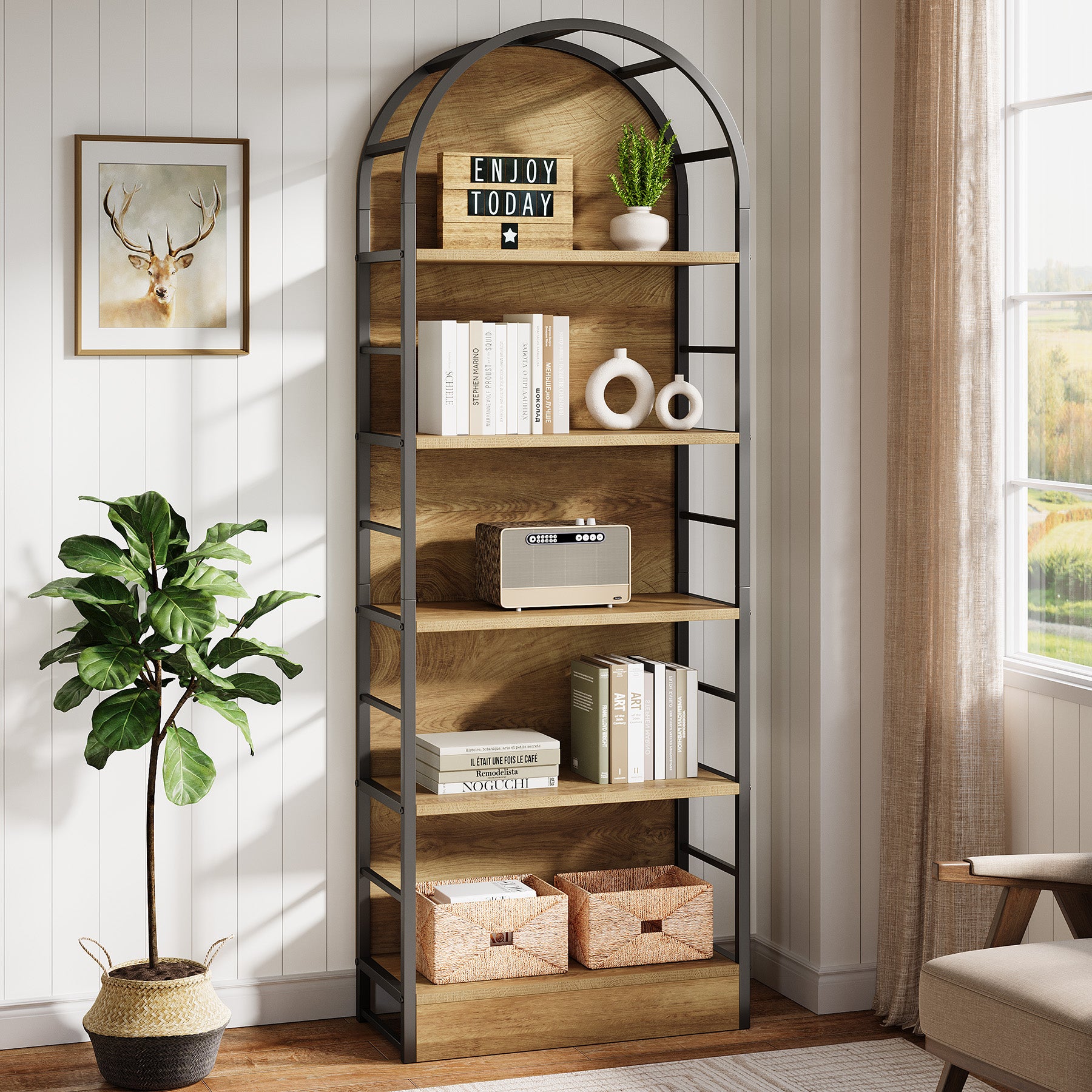 180 cm Boog Boekenkast met 5 Niveaus, Industrieel Open Rek met Metaal Frame voor Woonkamer