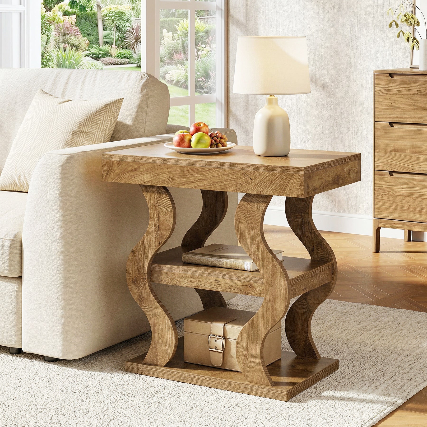Tribesigns 60 cm smalle 3-laagse bijzettafel, houten bijzettafel met plank voor woonkamer